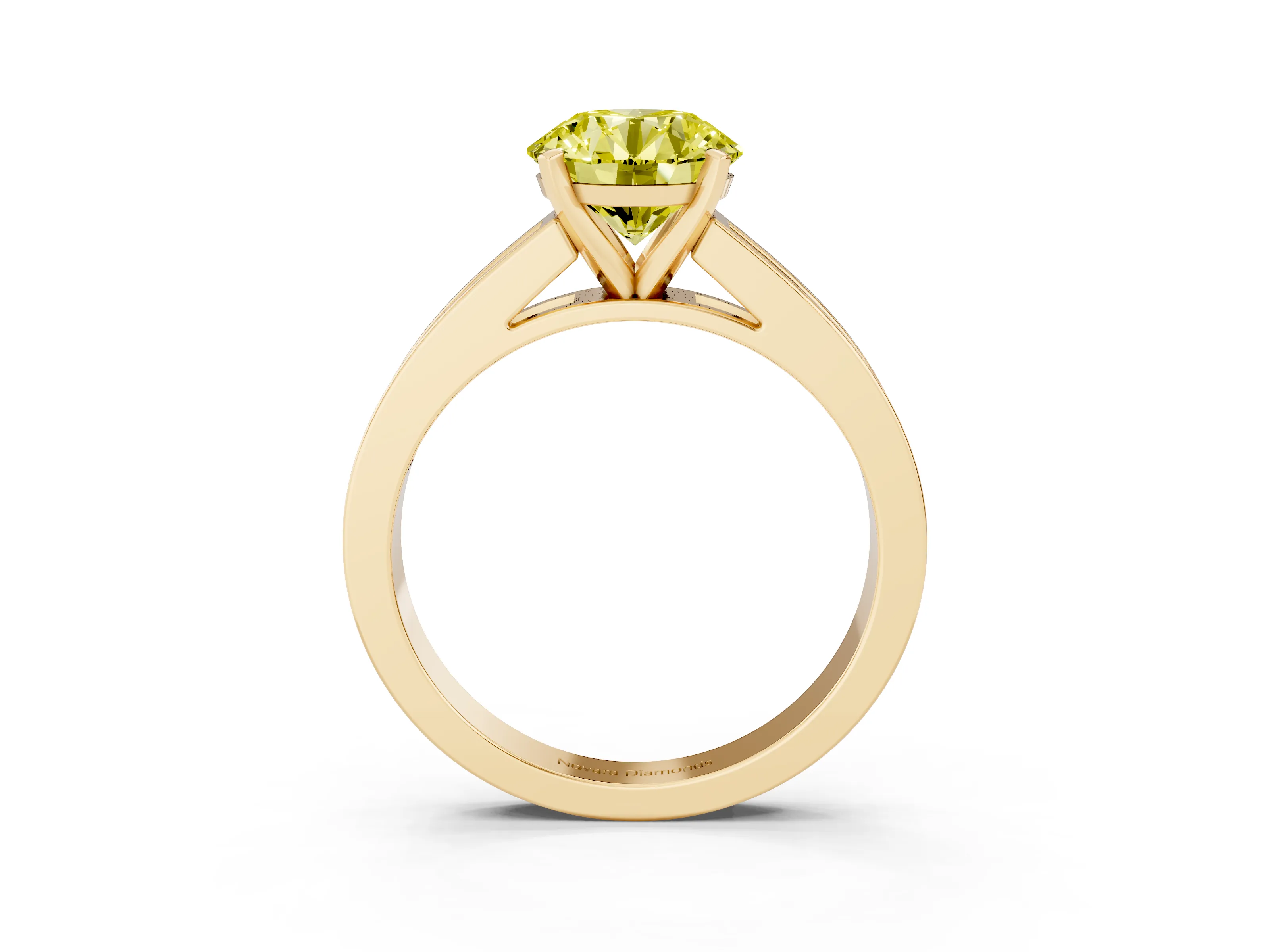 Fancy Yellow Round Cut Diamond Solitaire Ring Set in Yellow gold with Channel-Set Band and Prong Setting