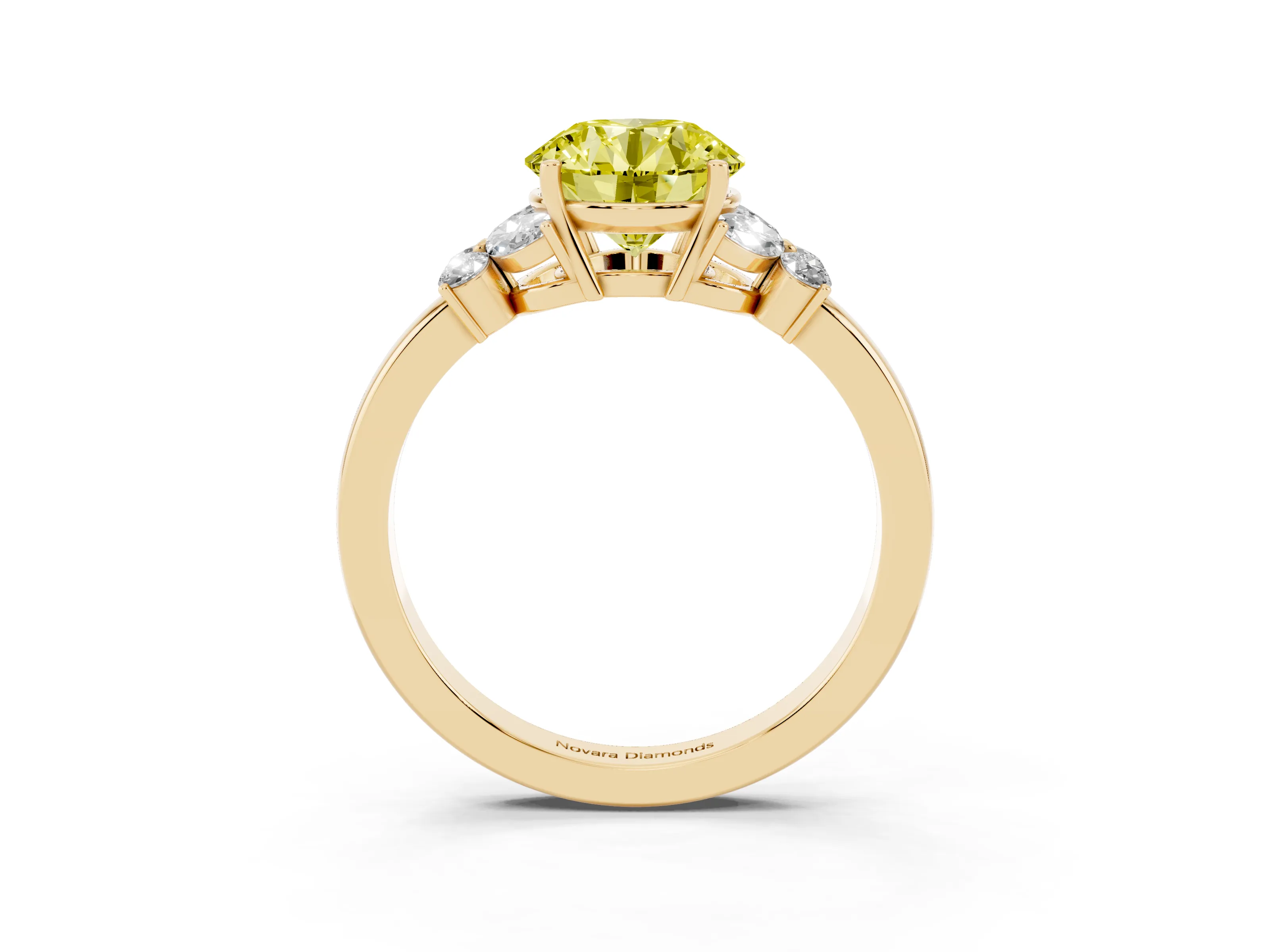 Fancy Yellow Round Cut Diamond Solitaire Floral Ring Set in Yellow gold with Marquise Petals and Prong Setting