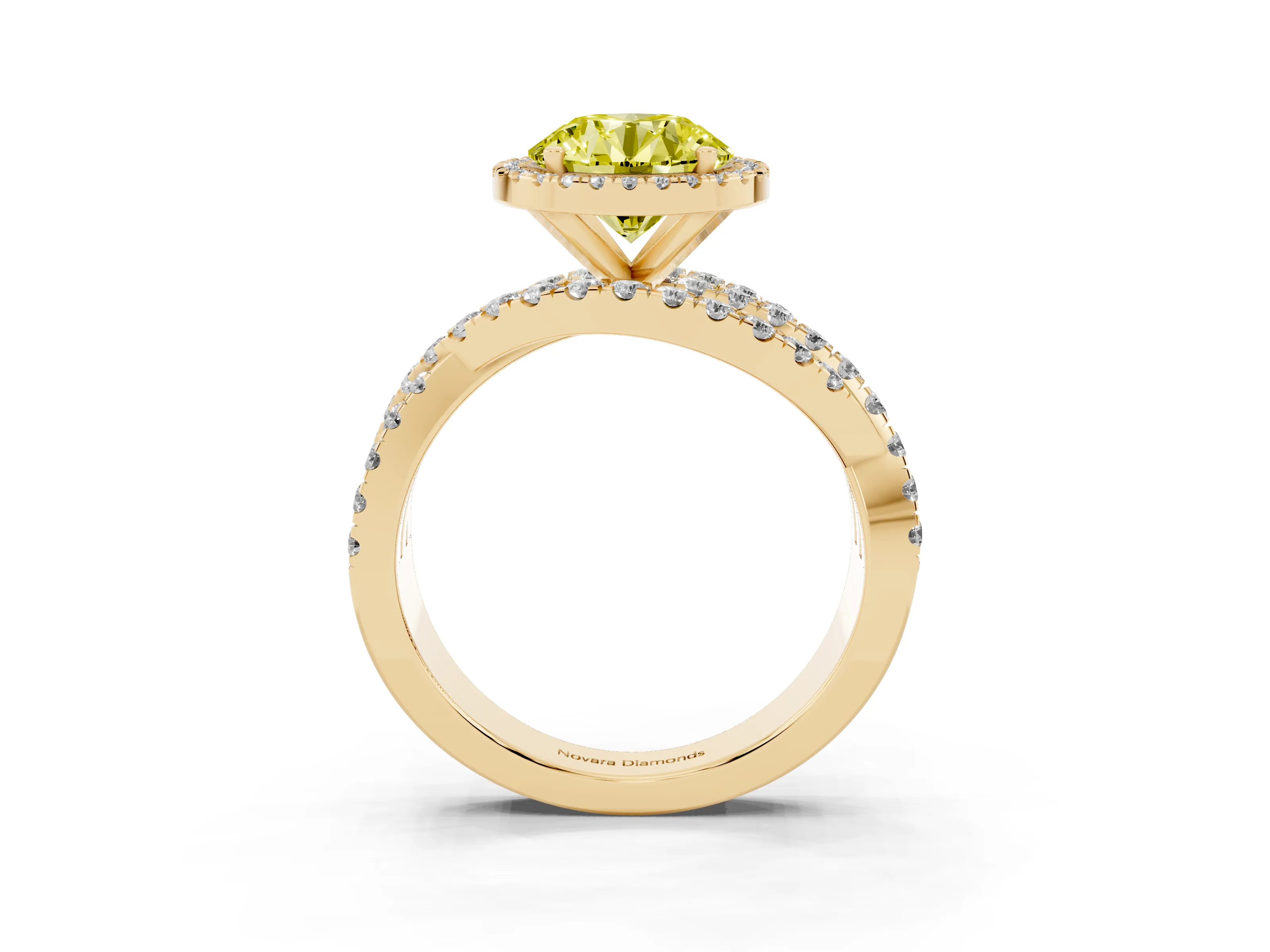 Fancy Yellow Round Cut Diamond Halo Ring Set in Yellow gold with Round Crossover Split Shank and Prong Setting