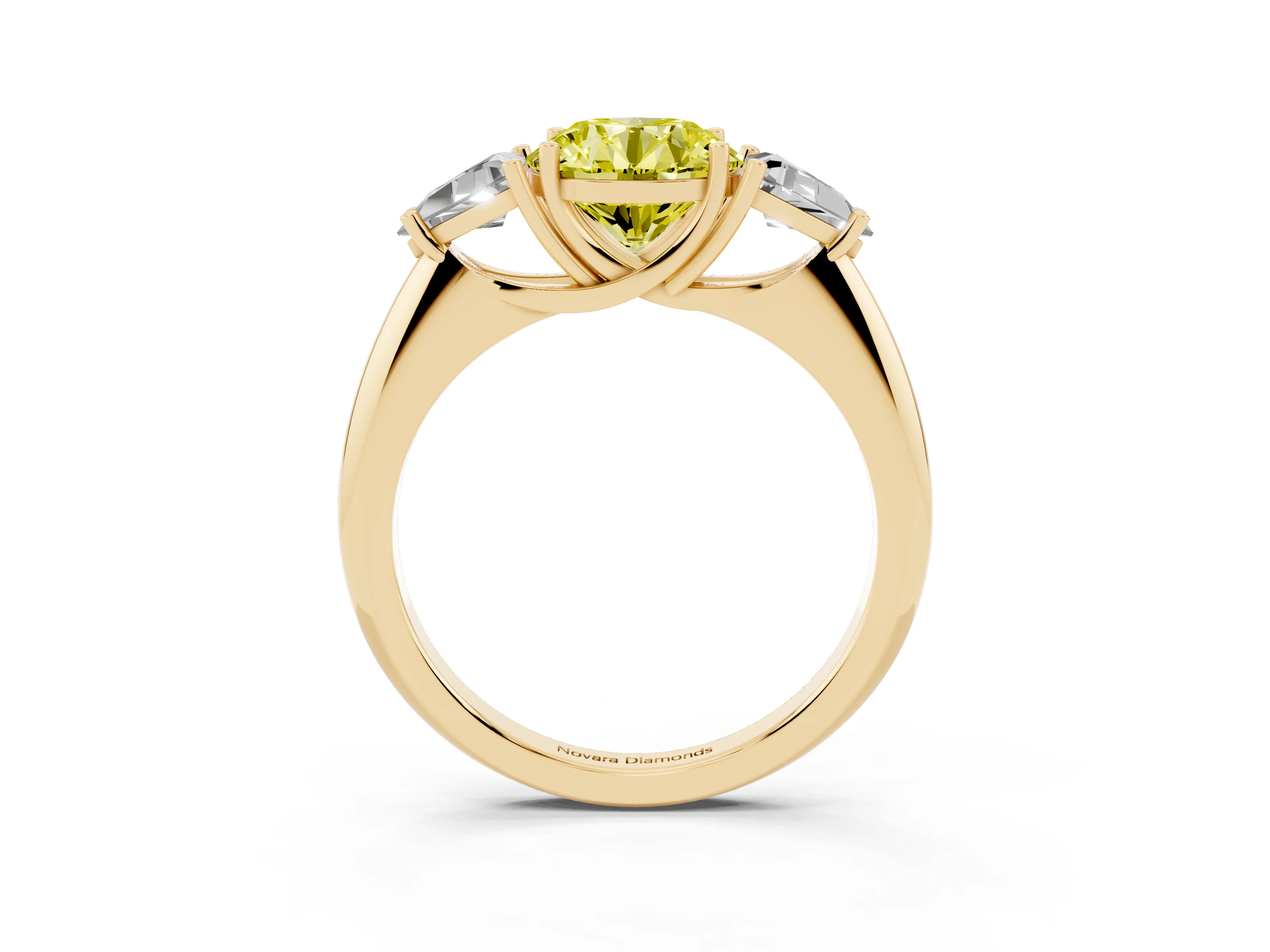 Fancy Yellow Round Cut Diamond Three-Stone Engagement Ring Set in Yellow gold with Trillion Side Stones