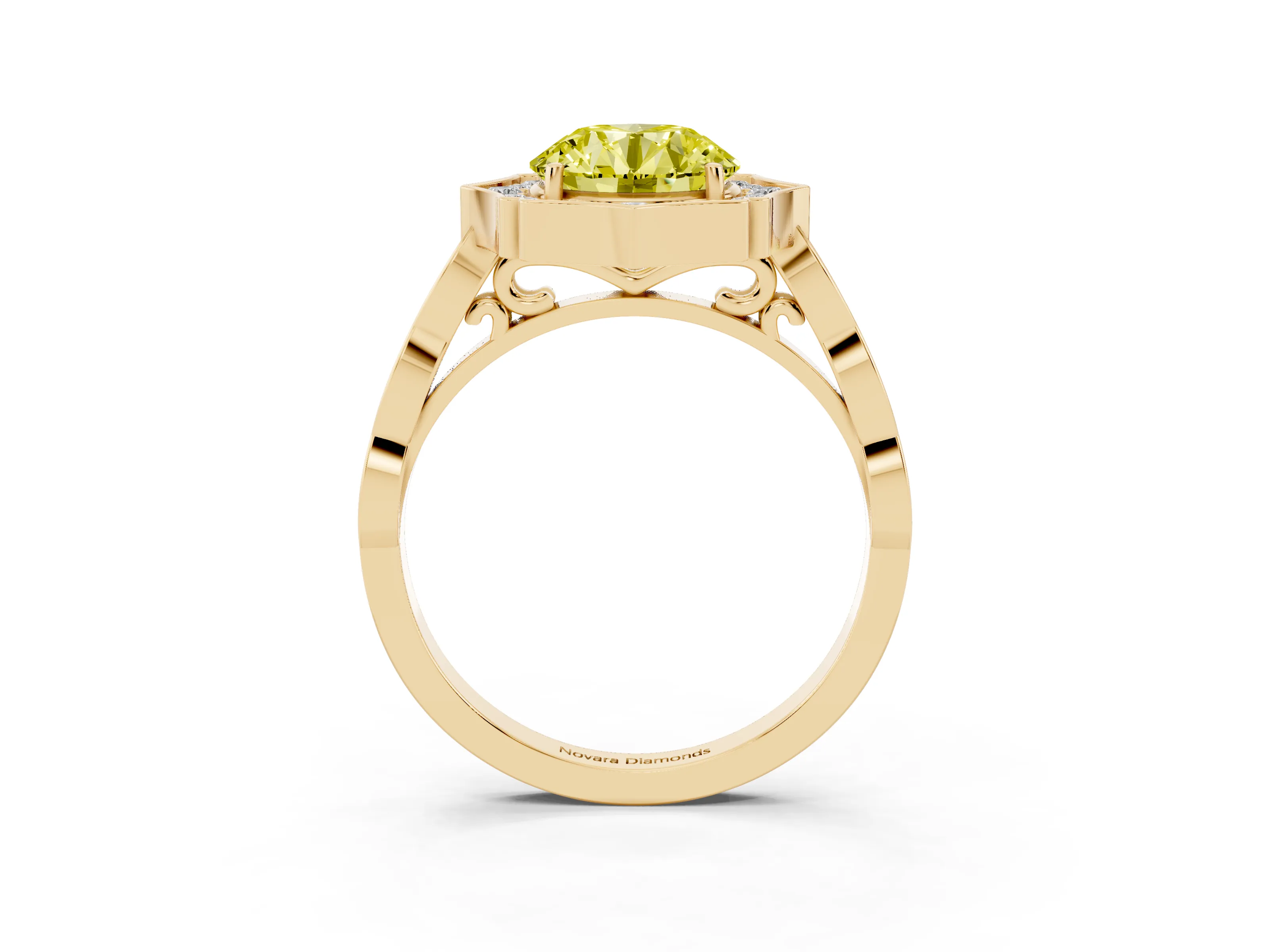 Fancy Yellow Round Cut Diamond Halo Engagement Ring Set in Yellow gold with Milgrain Band and Prong Setting