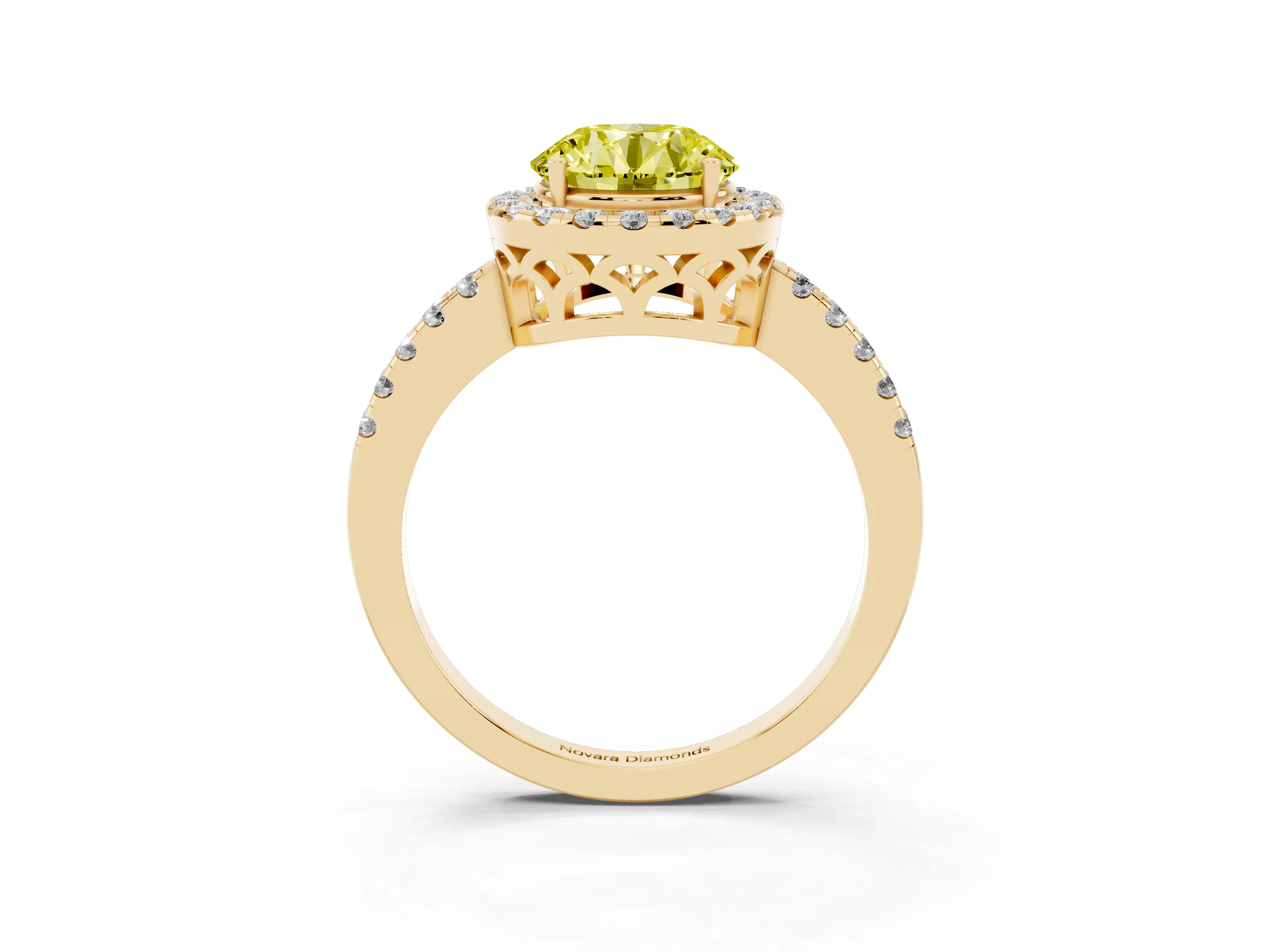 Fancy Yellow Round Cut Diamond Pavé Band Halo Engagement Ring Set in Yellow gold with Prong Setting