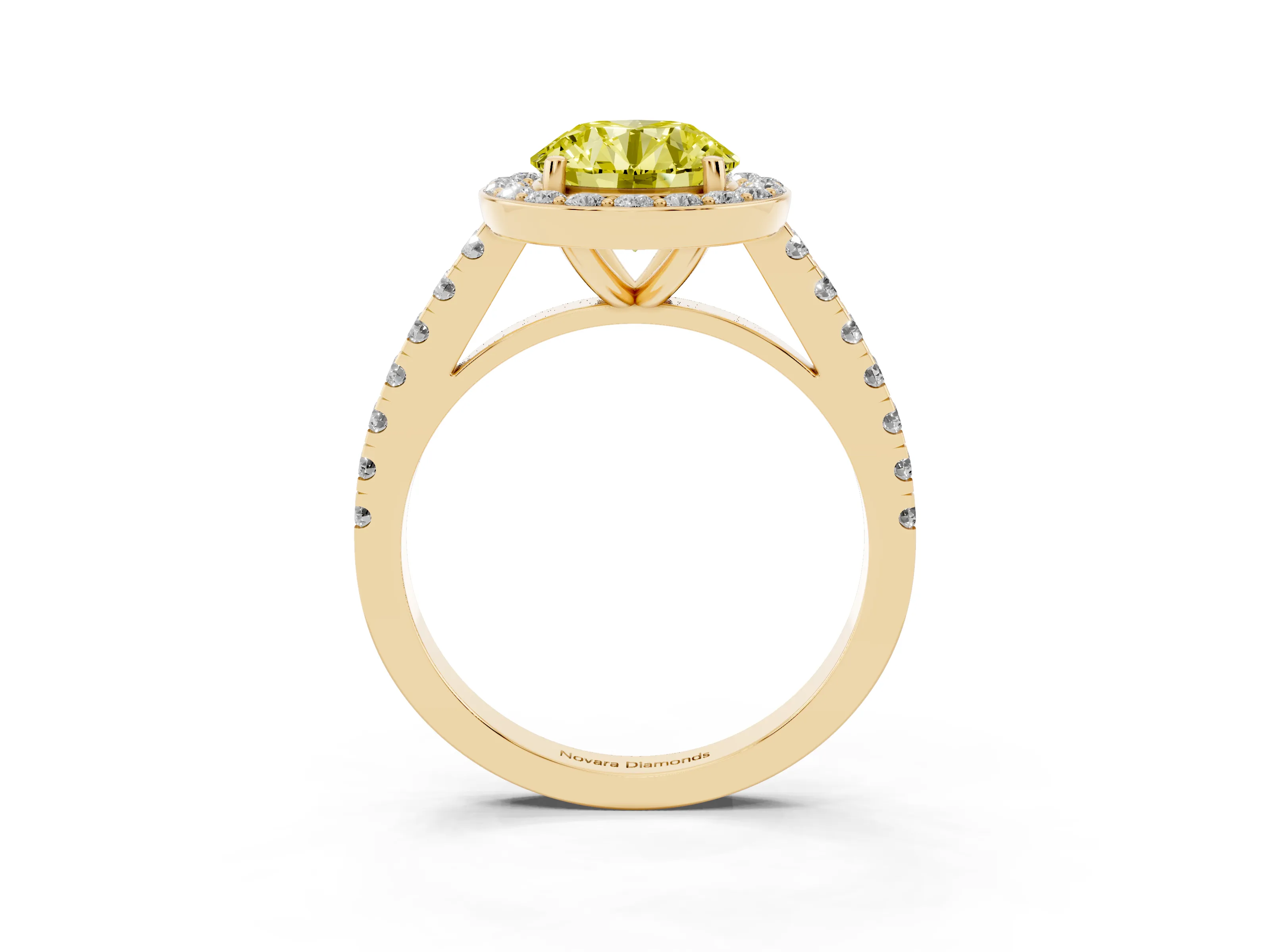 Fancy Yellow Round Cut Diamond Halo Ring Set in Yellow gold with Round Pavé Split Shank and Prong Setting