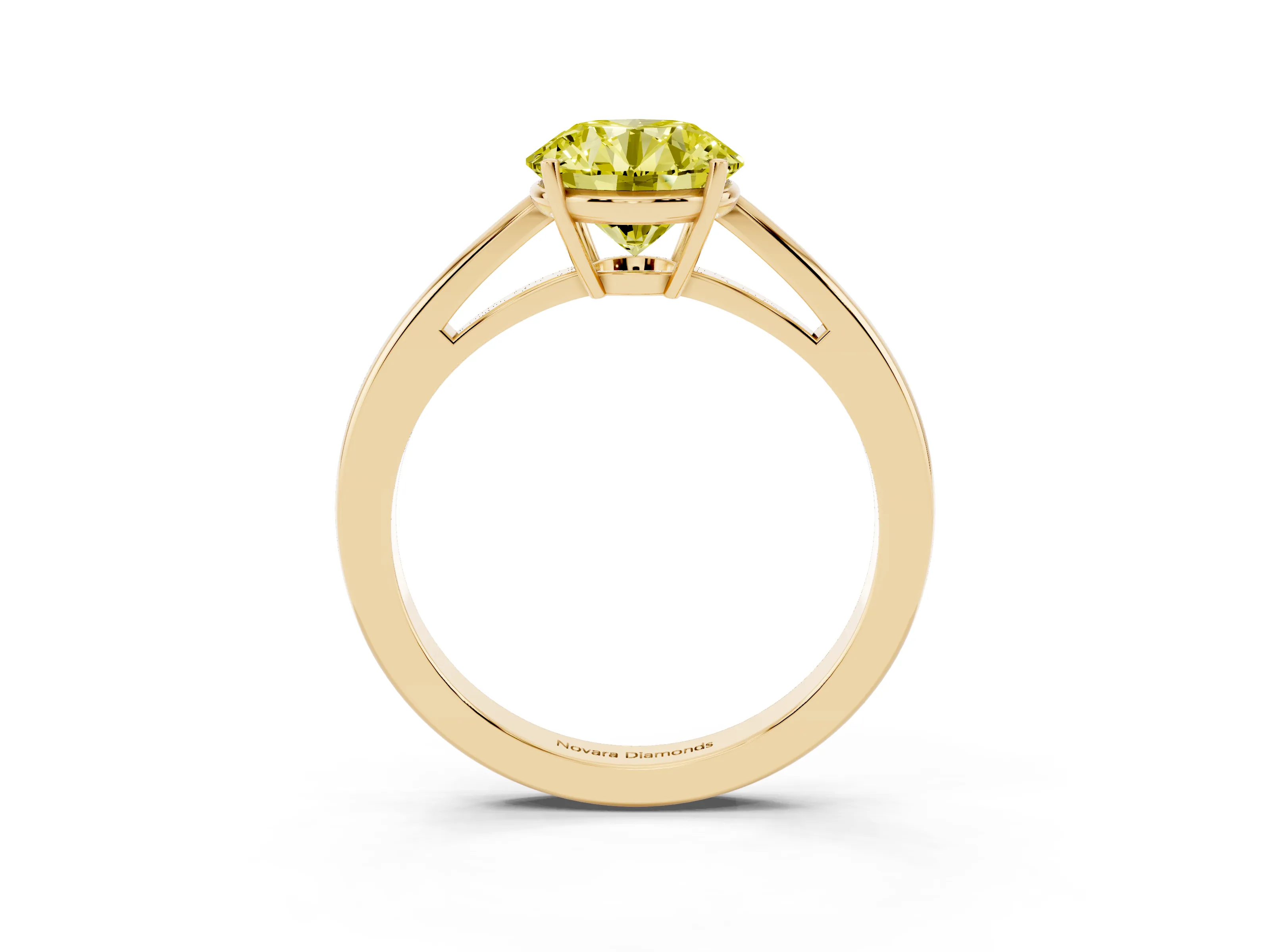 Fancy Yellow Round Cut Diamond Solitaire Ring Set in Yellow gold with Split Shank and Prong Setting