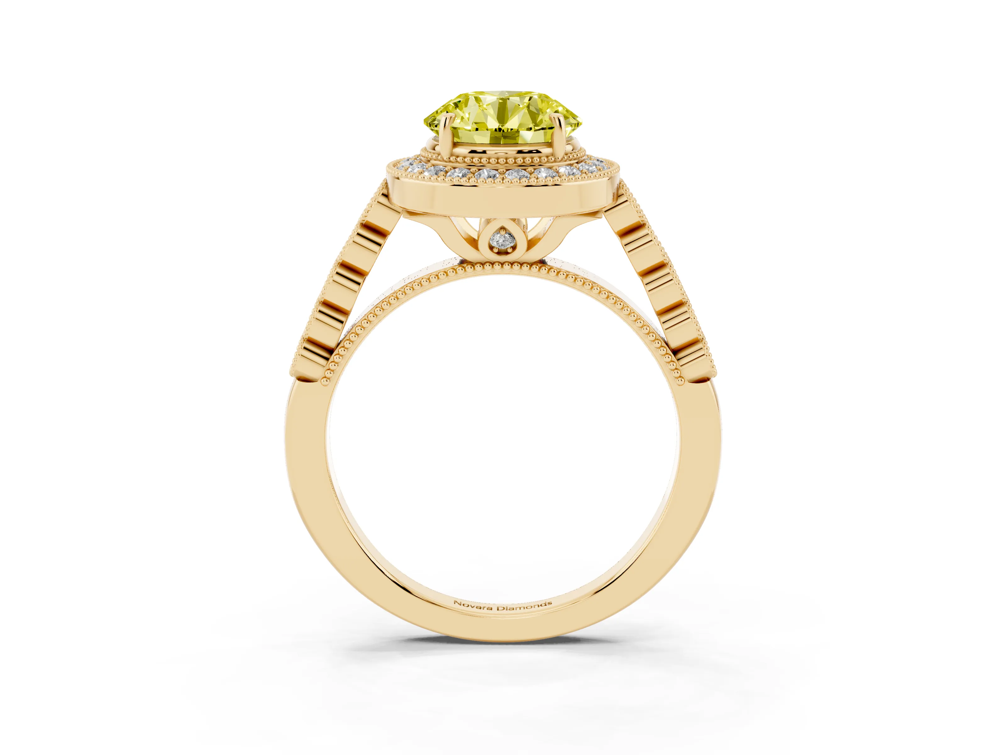Fancy Yellow Round Cut Diamond Milgrain Halo Solitaire Ring Set in Yellow gold with Bezel Set Side Stones and Pavé Band