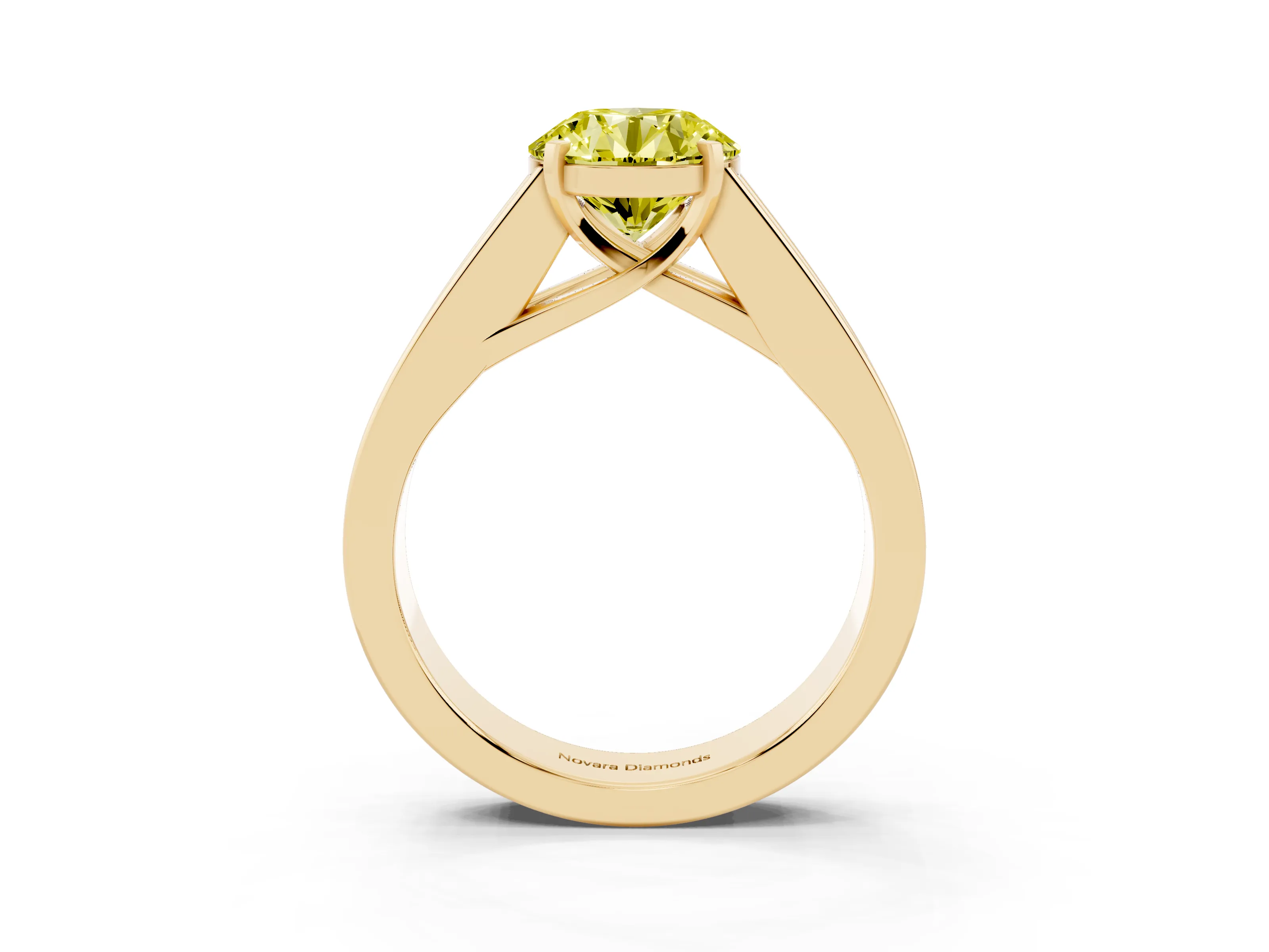 Fancy Yellow Round Cut Diamond Solitaire Ring Set in Yellow gold with Channel-Set Accent Stones and Prong Setting