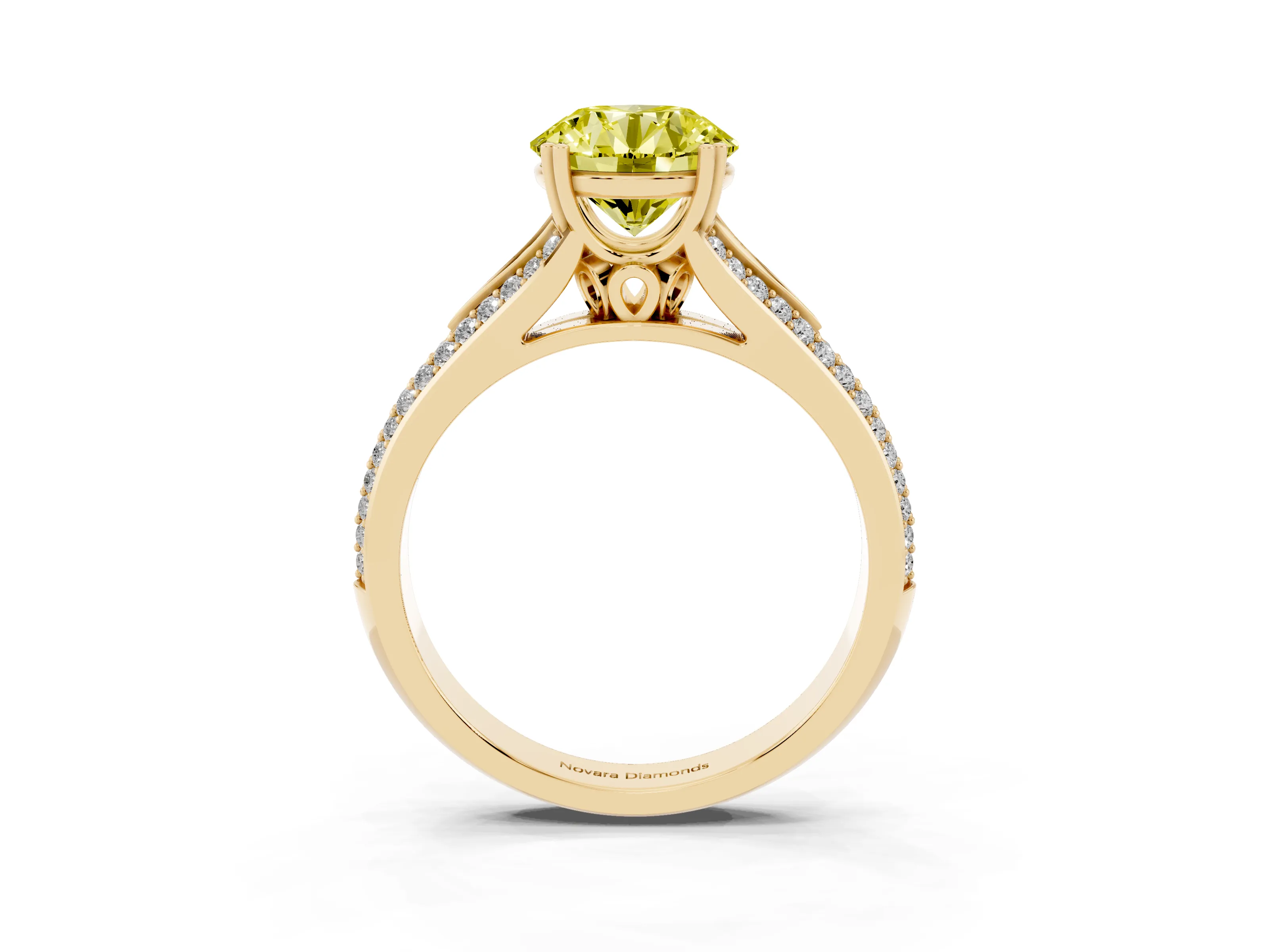 Fancy Yellow Round Cut Diamond Split Shank Pavé Engagement Ring Set in Yellow gold with Prong-Set Center Stone