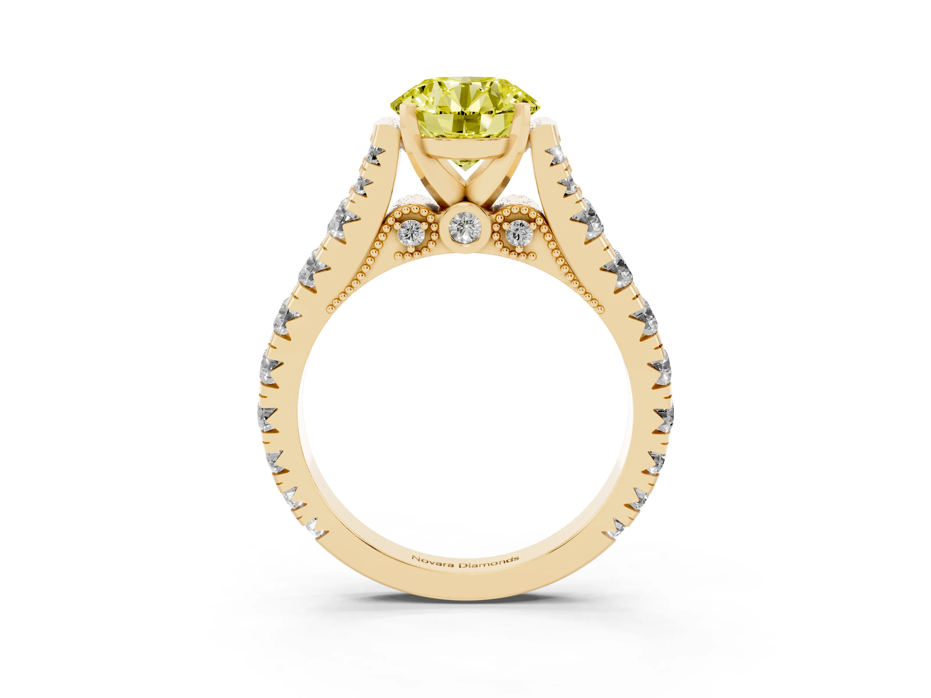 Fancy Yellow Round Cut Diamond Classic Solitaire Ring Set in Yellow gold with Pavé Band and Prong Setting