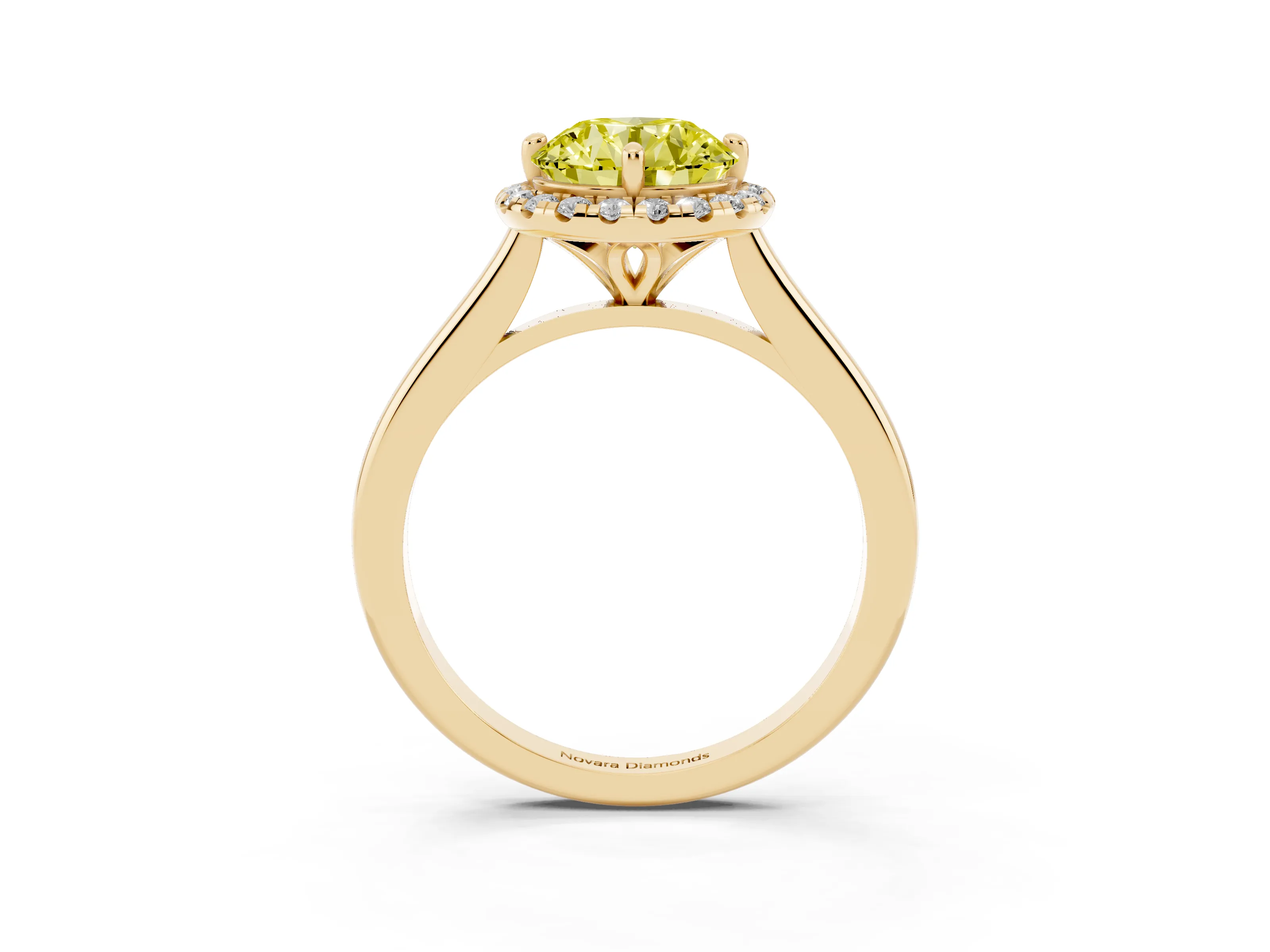 Fancy Yellow Round Cut Diamond Halo Engagement Ring Set in Yellow gold with Pavé Band and Rising Shoulders