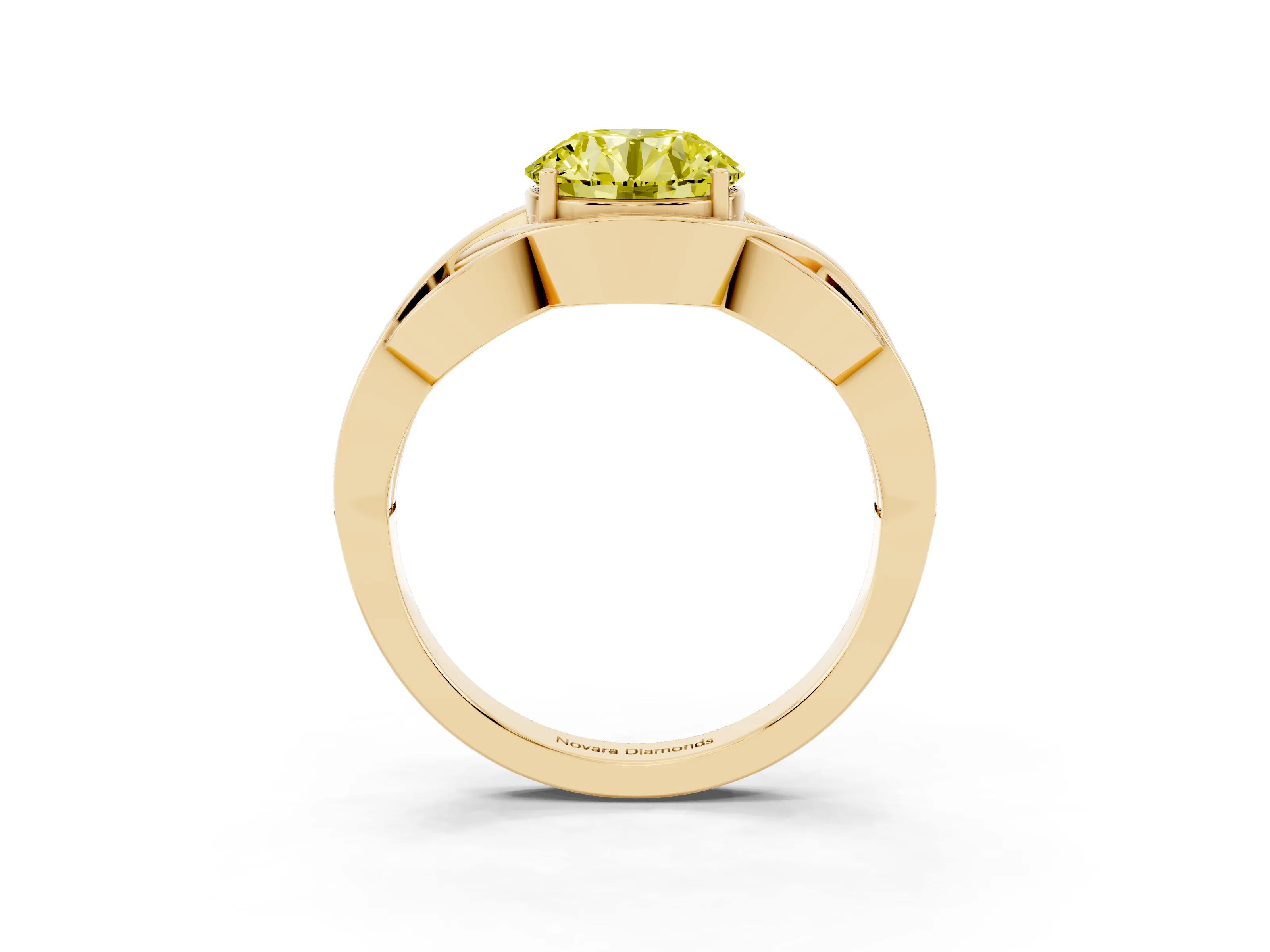 Fancy Yellow Round Cut Diamond Solitaire Ring Set in Yellow gold with Intertwined Band