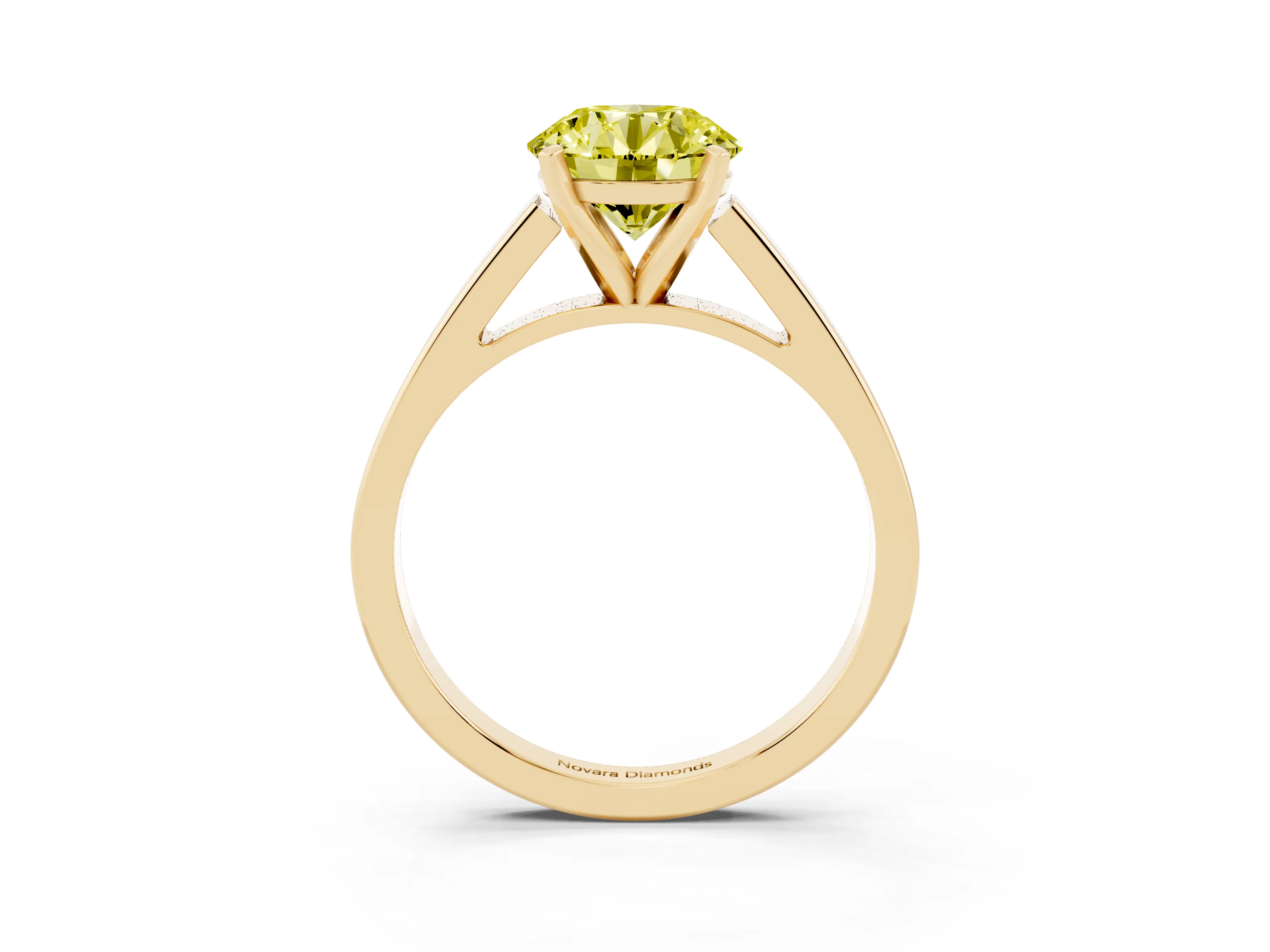 Fancy Yellow Round Cut Diamond Solitaire Engagement Ring Set in Yellow gold with Prong Setting and Tapered Band