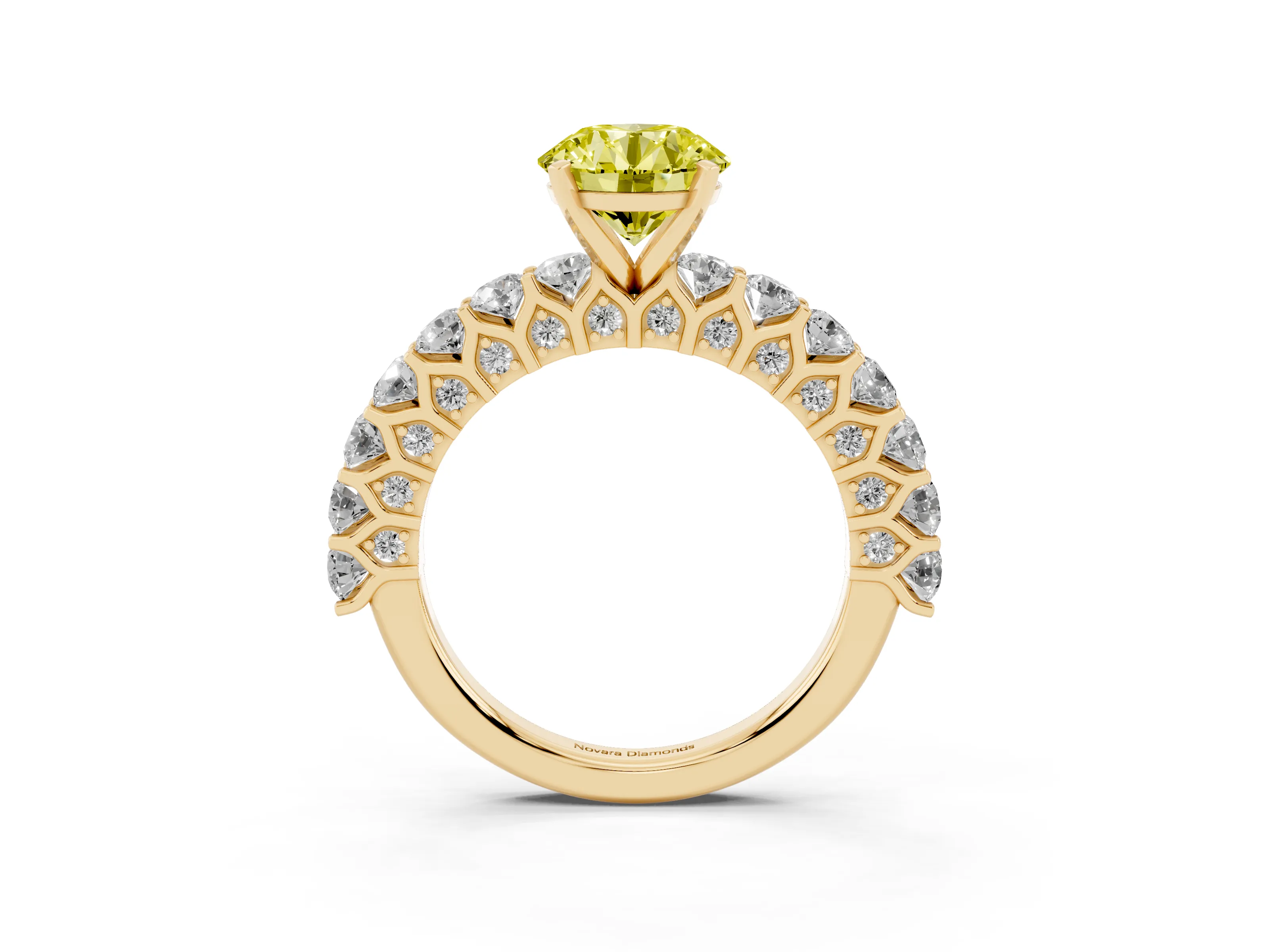 Fancy Yellow Round Cut Diamond Solitaire Ring Set in Yellow gold with Shared Prong Pavé Band