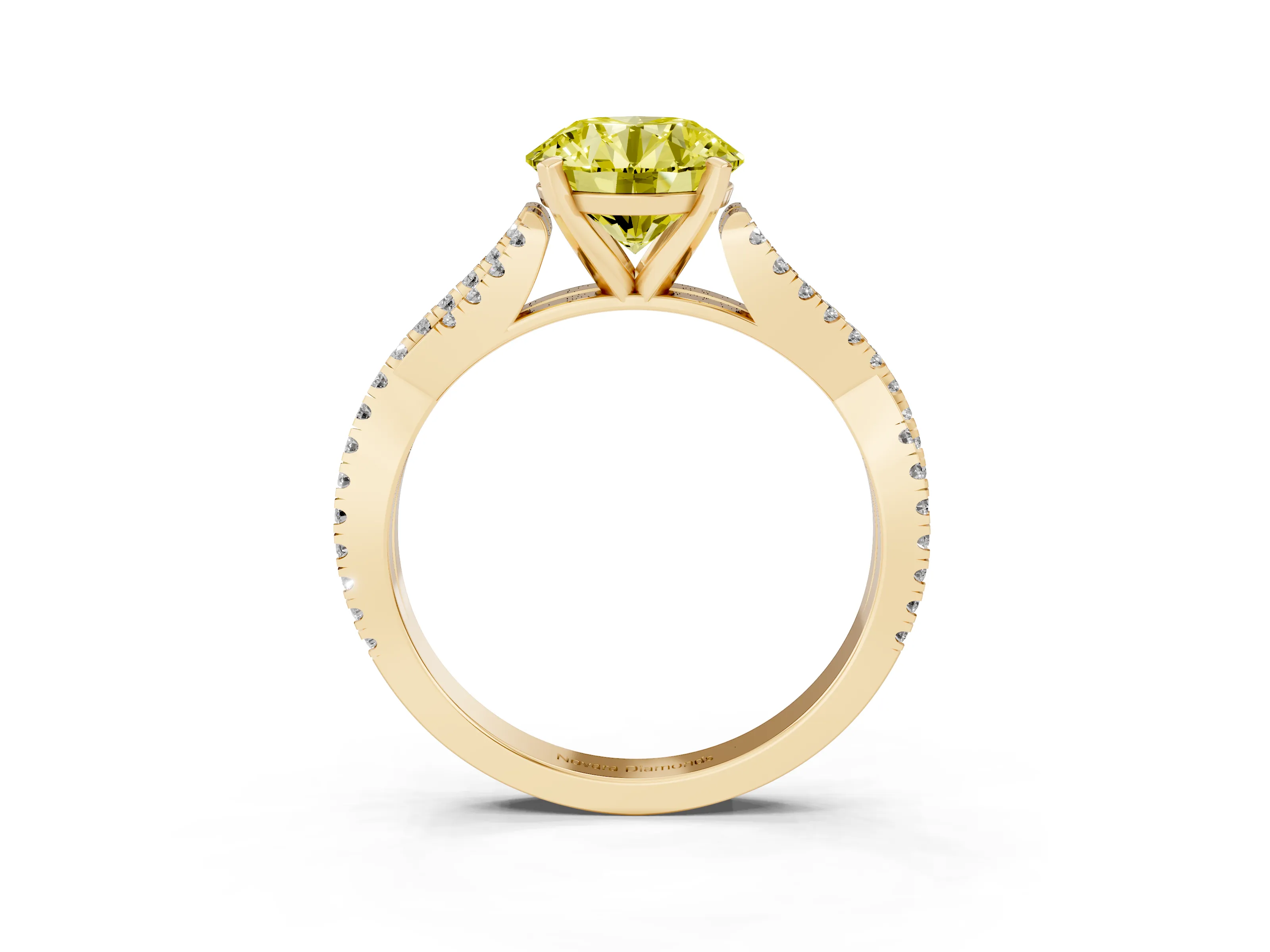 Fancy Yellow Round Cut Diamond Solitaire Engagement Ring Set in Yellow gold with Twisted Pavé Band and Prong Setting