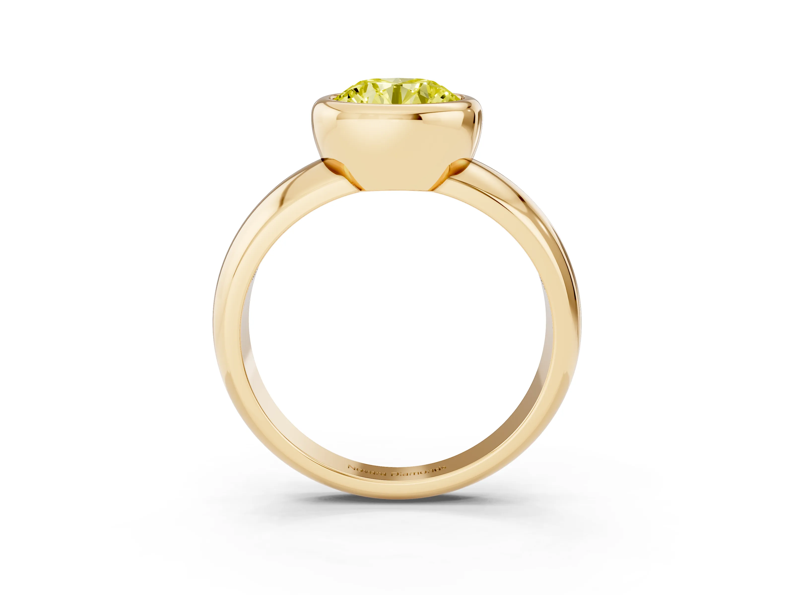 Fancy Yellow Bezel Set Round Cut Diamond Solitaire Ring Set in Yellow gold with Wide Band