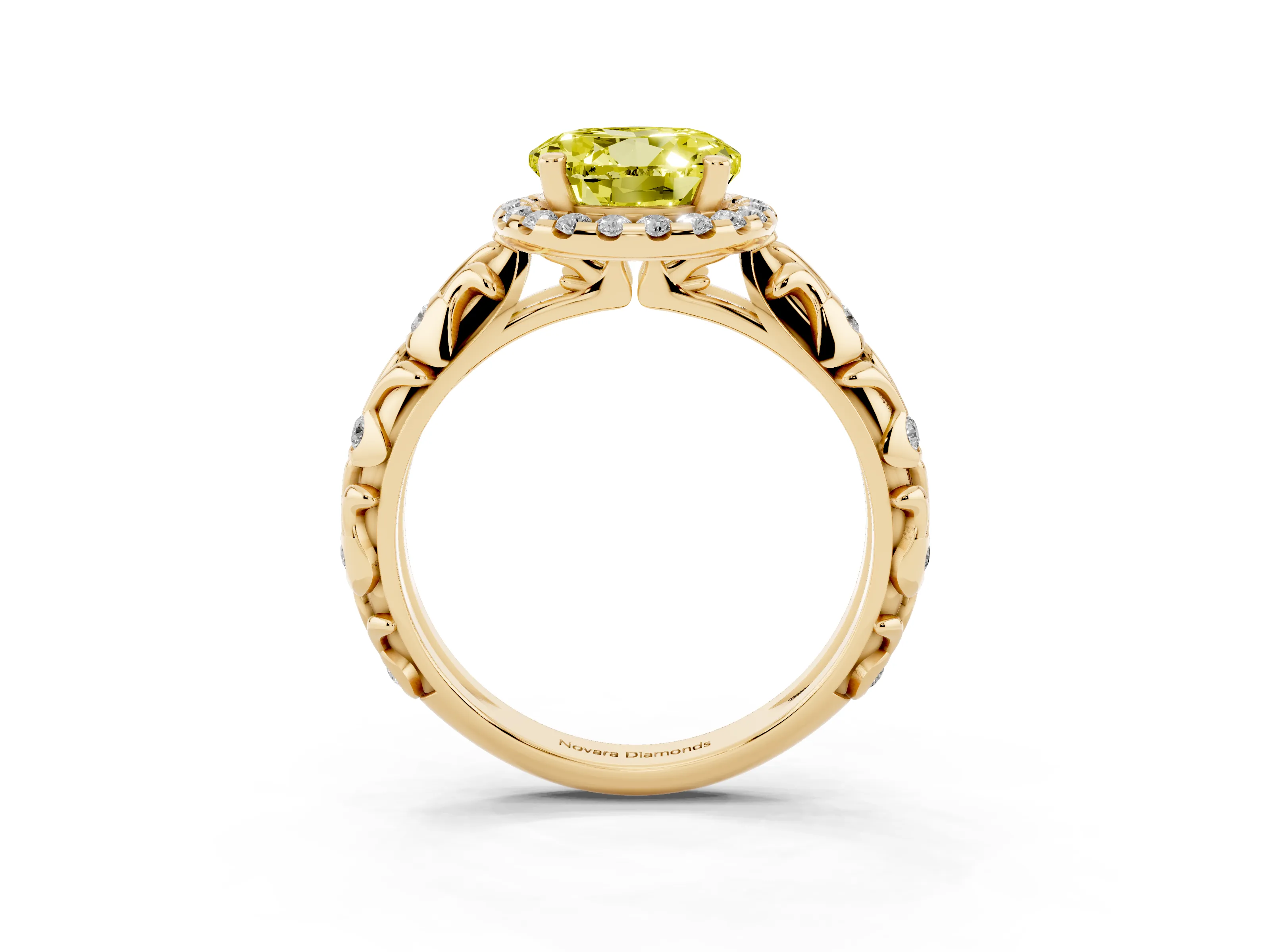 Fancy Yellow Round Cut Diamond Halo Ring Set in Yellow gold with Filigree Leaf Band and Prong Setting
