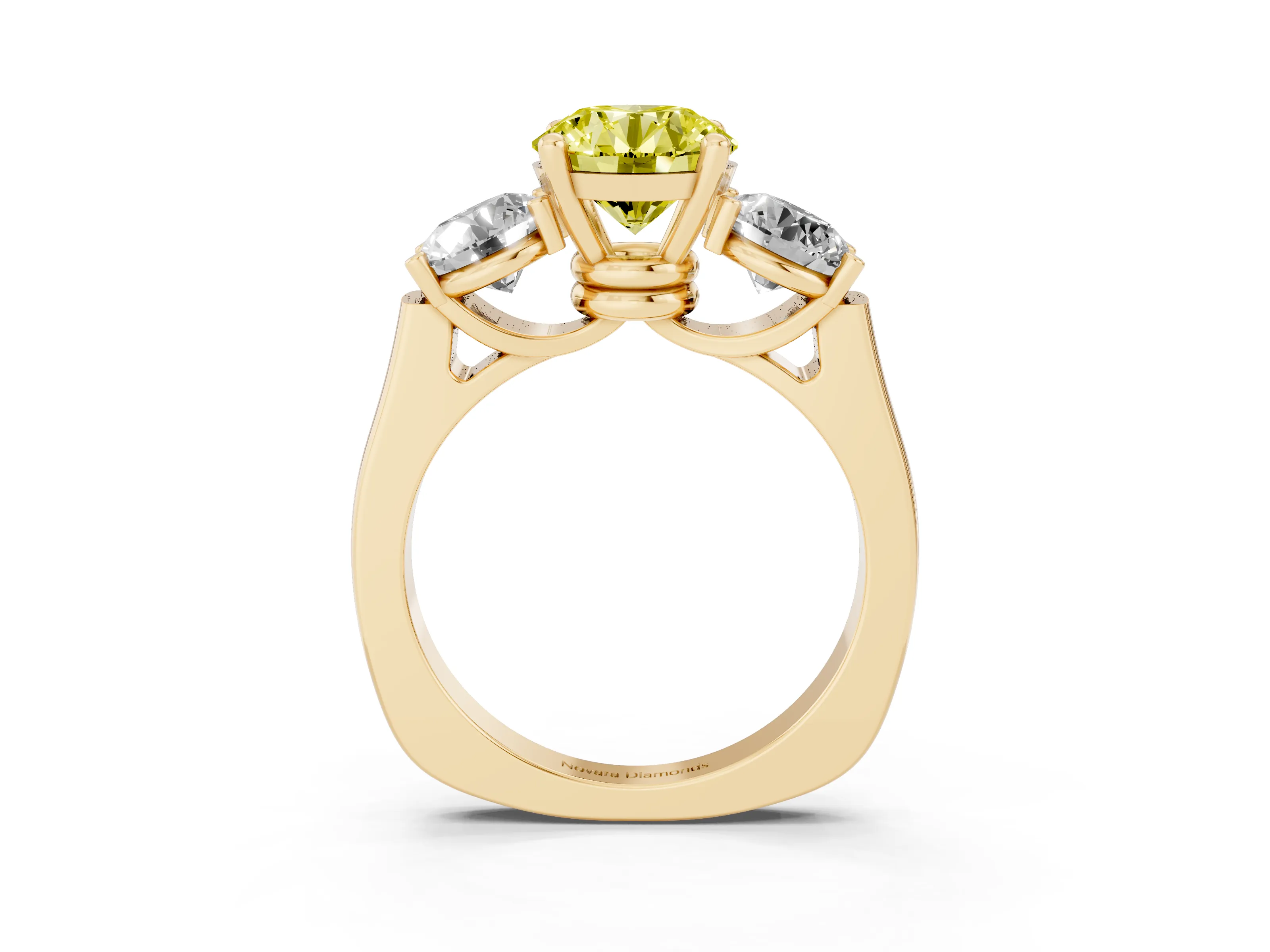 Fancy Yellow Round Cut Diamond Three-Stone Trellis Ring Set in Yellow gold with Comfort Fit Band