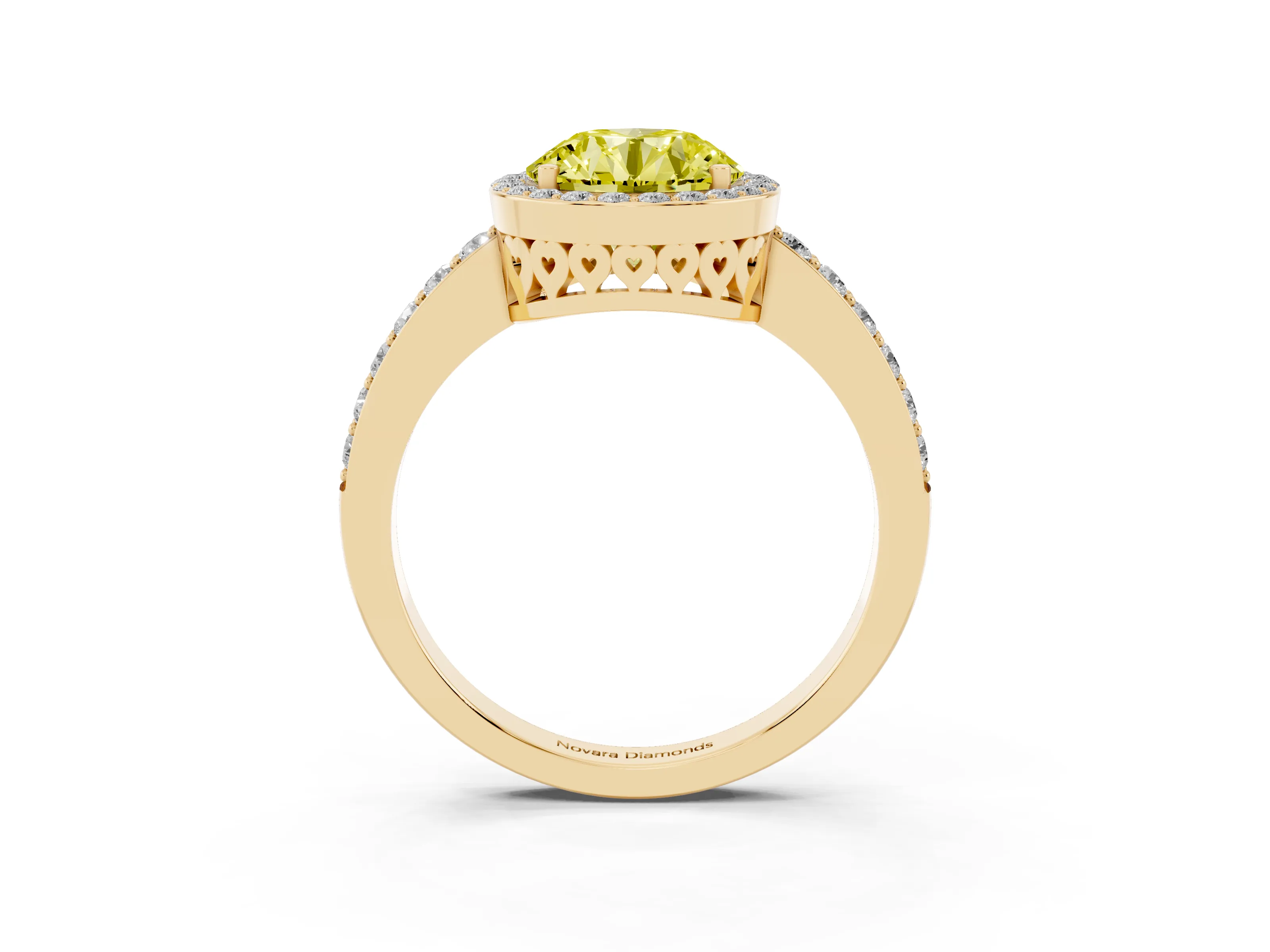 Fancy Yellow Round Cut Diamond Halo Ring Set in Yellow gold with Pavé-Setting Band and Open Prong Center