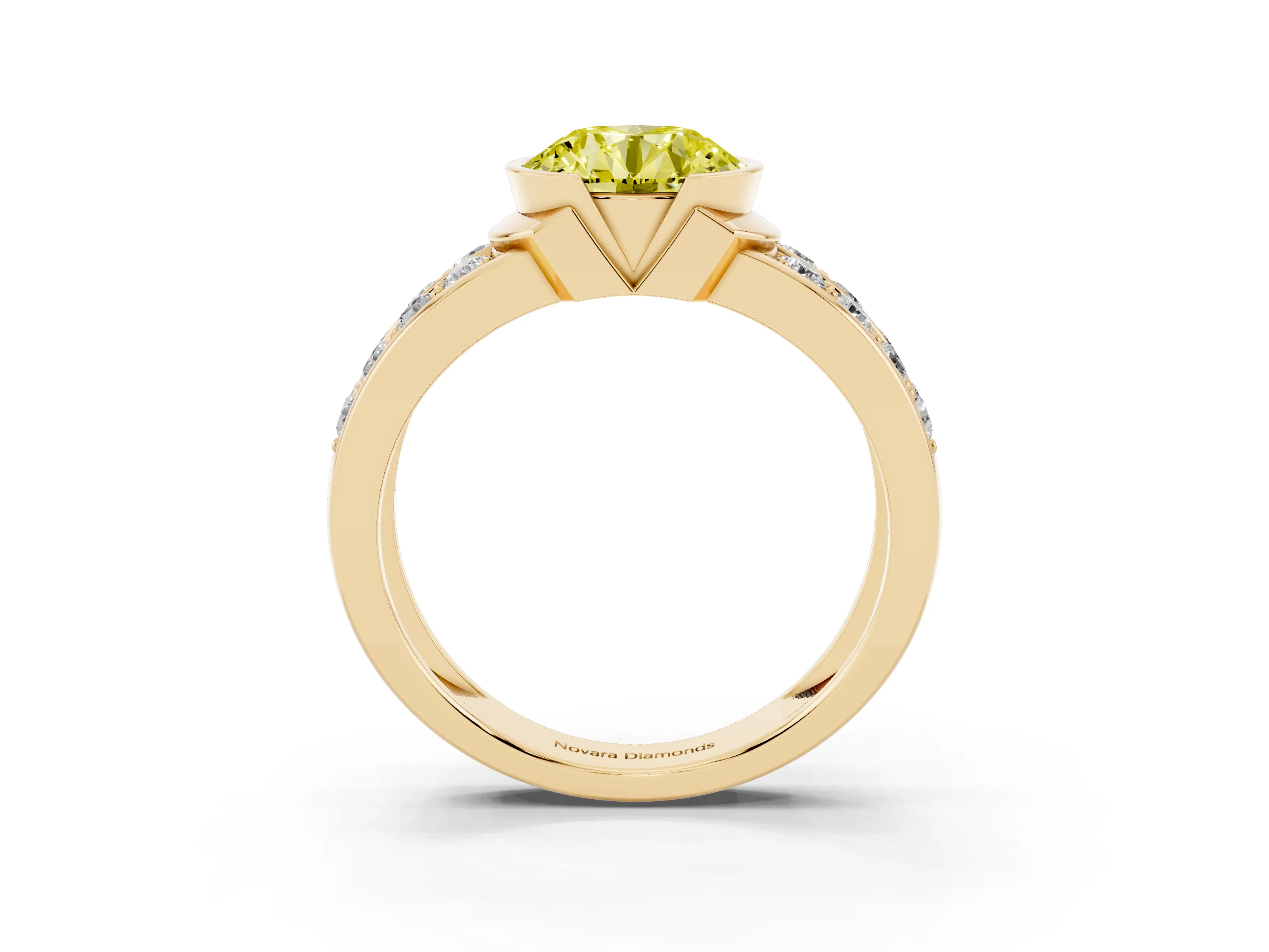Fancy Yellow Round Cut Diamond Wide Channel Set Band Ring Set in Yellow gold with Bezel Setting