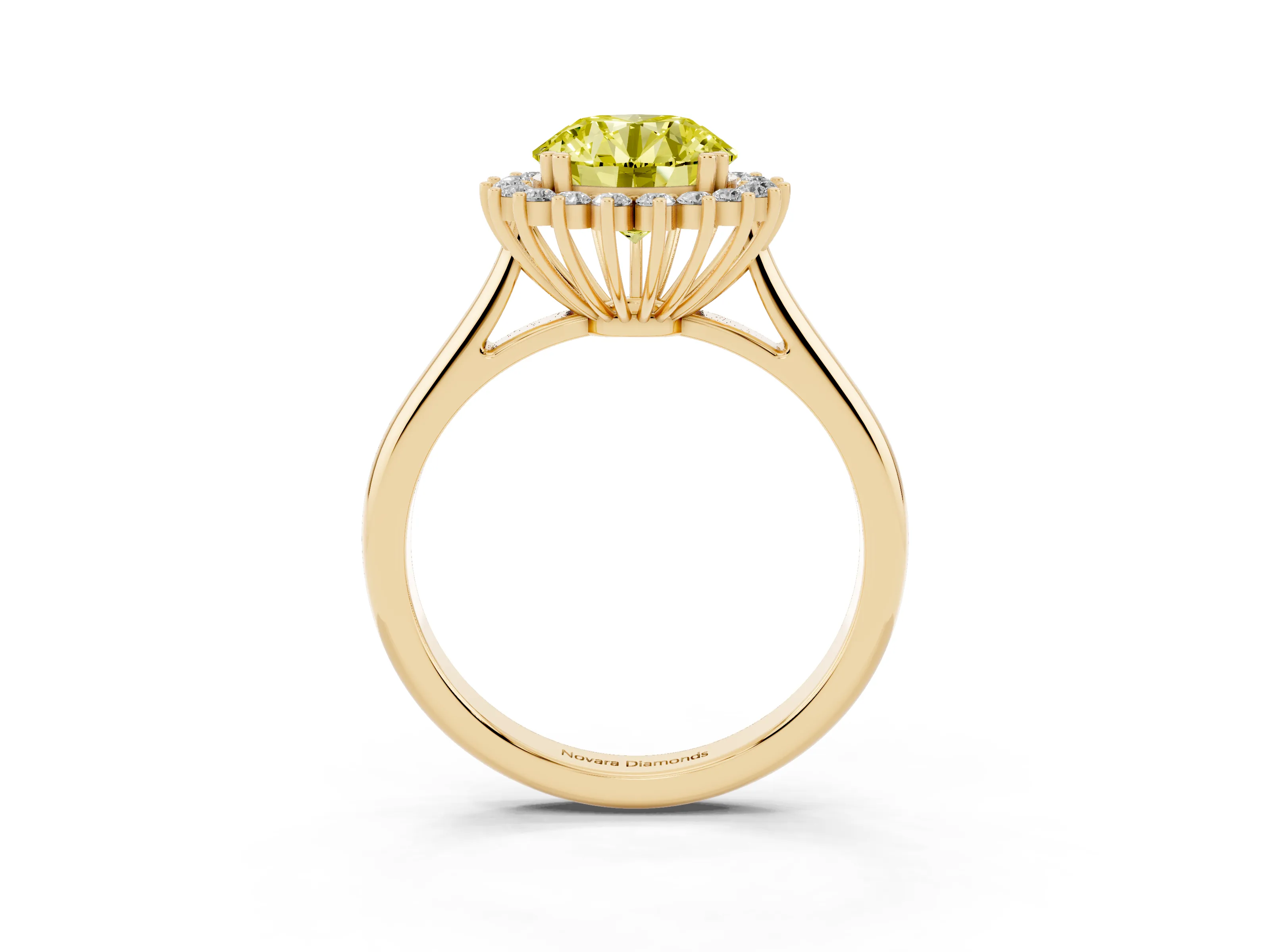 Fancy Yellow Round Cut Diamond Halo Ring Set in Yellow gold with Plain Solitaire Band and Prong Setting