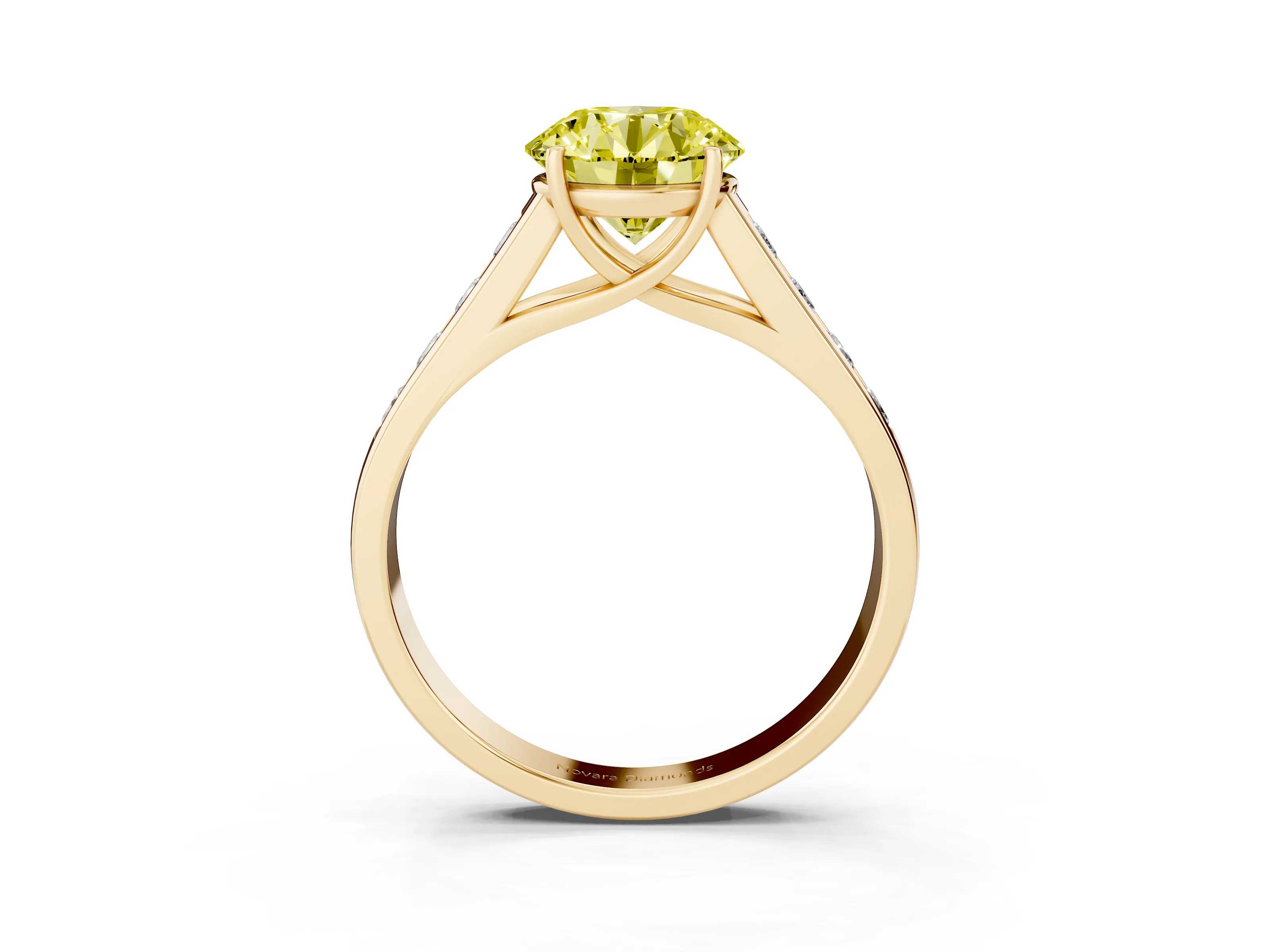 Fancy Yellow Round Cut Diamond Solitaire Channel-Set Engagement Ring Set in Yellow gold with Prong Setting