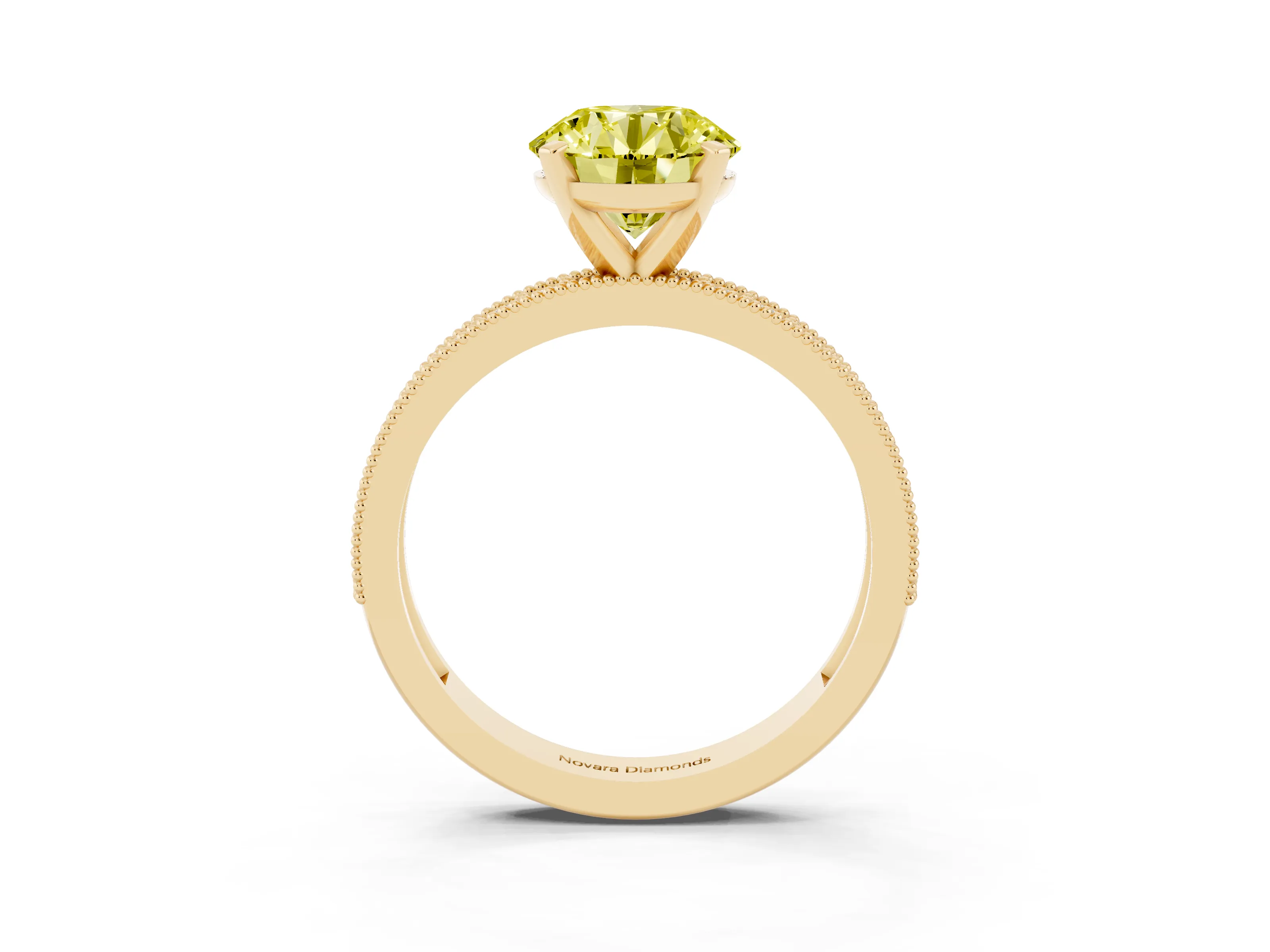 Fancy Yellow Round Cut Diamond Milgrain Pavé Engagement Ring Set in Yellow gold with Prong Setting