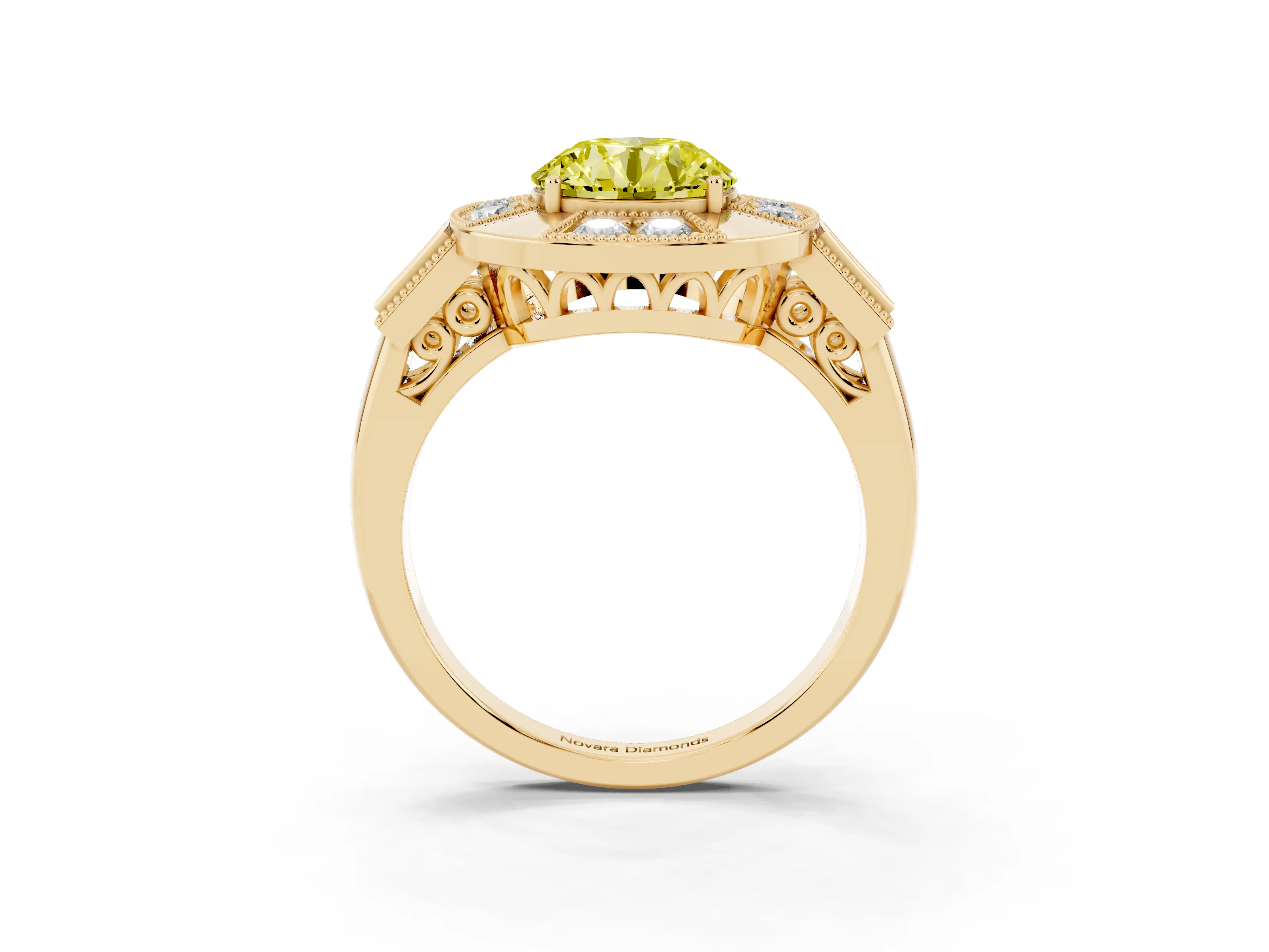 Fancy Yellow Round Cut Diamond Milgrain Halo Ring Set in Yellow gold with Split Shank