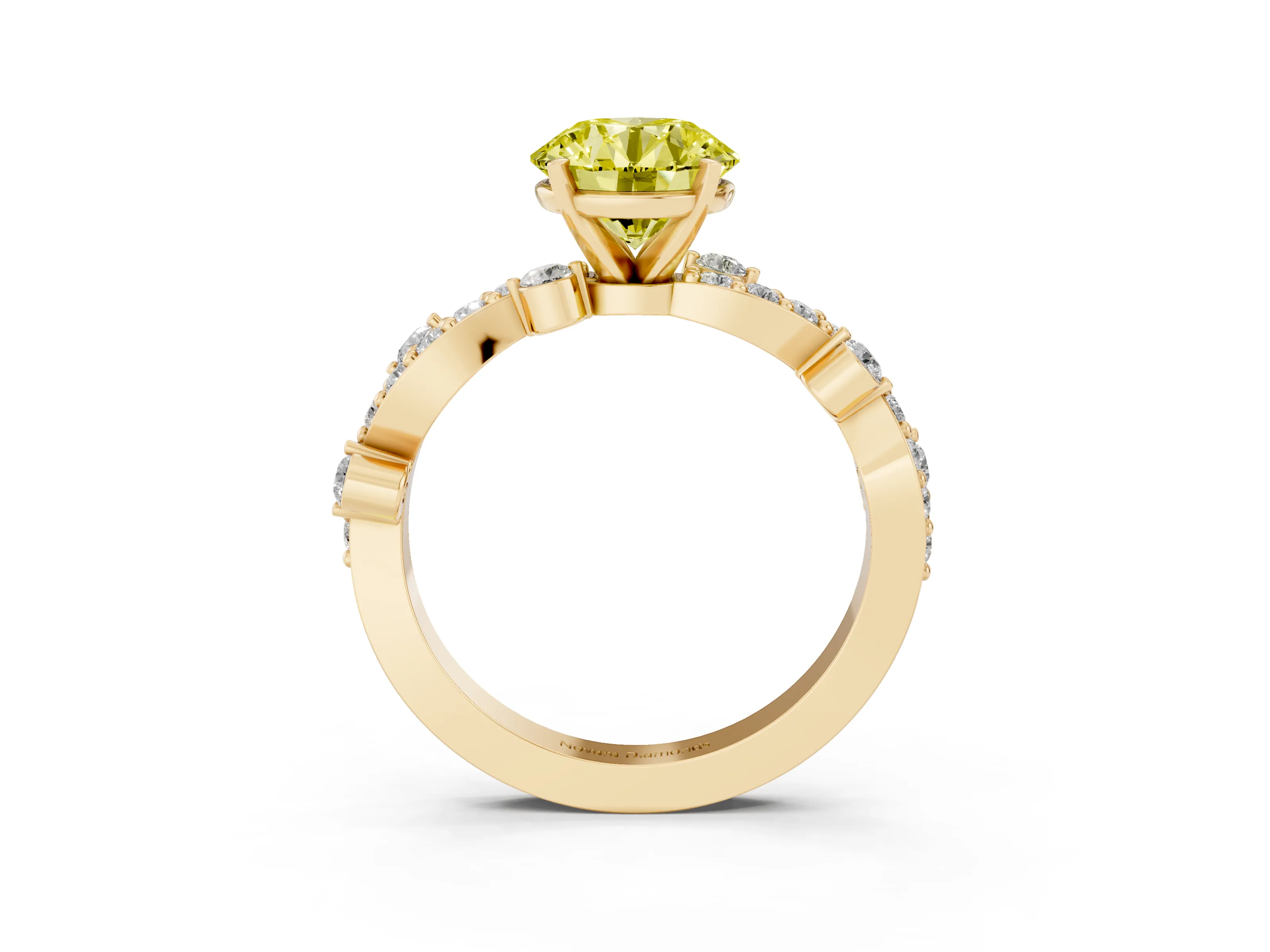 Fancy Yellow Round Cut Diamond Solitaire Twisted Band Set in Yellow gold with Pavé Setting