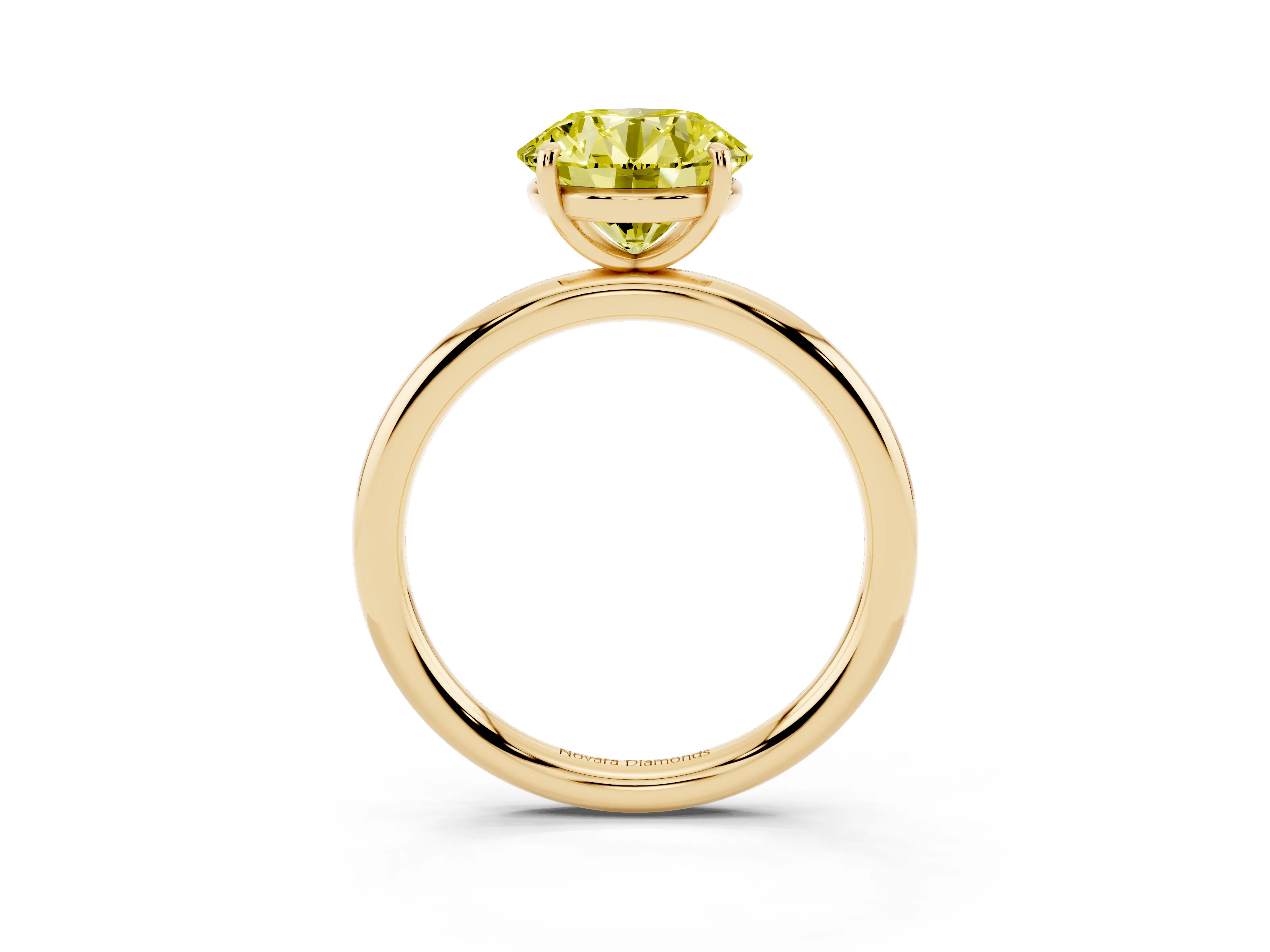 Fancy Yellow Round Cut Diamond Solitaire Ring Set in Yellow gold with Prong Setting on a Polished Plain Band