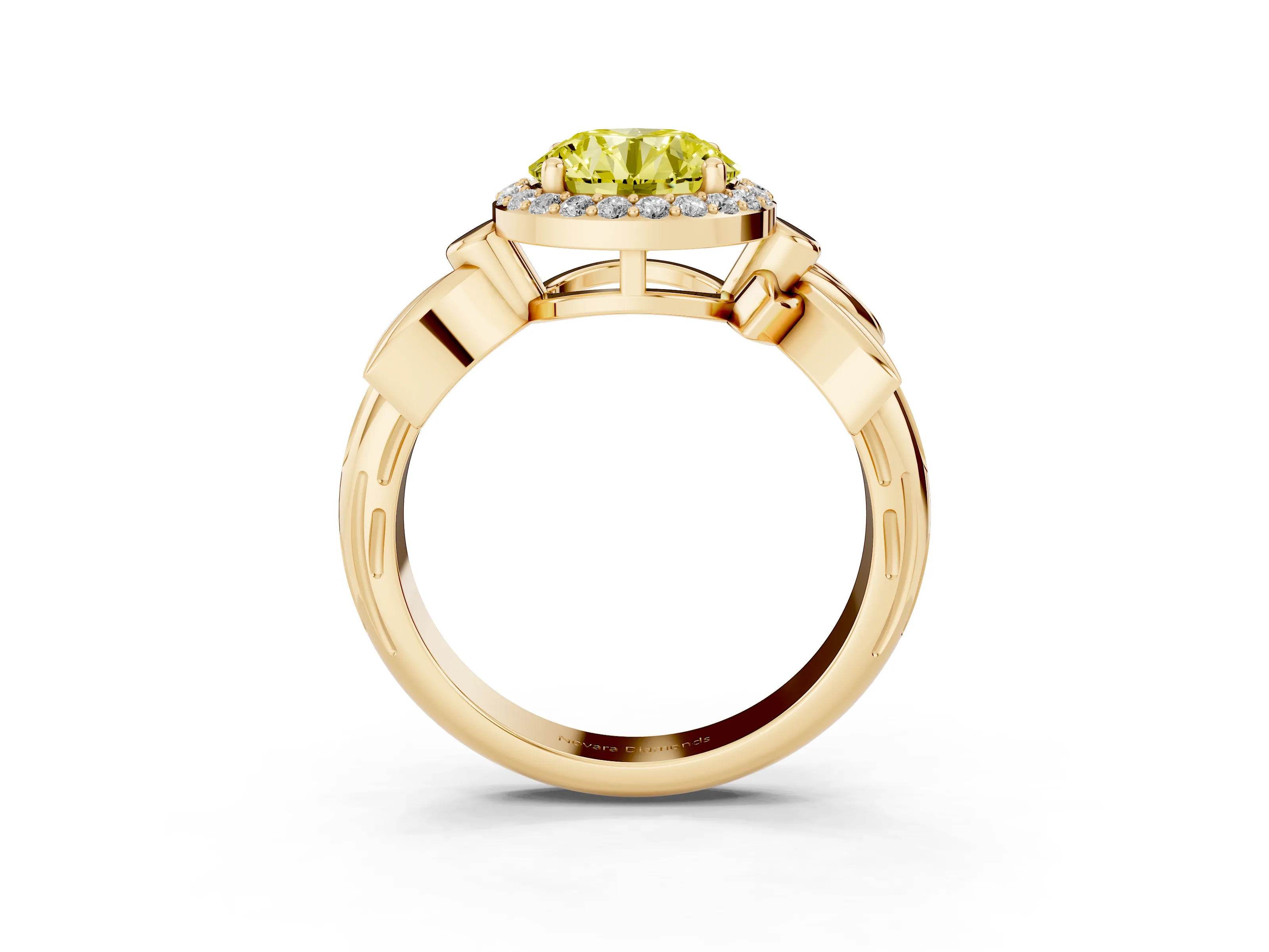 Fancy Yellow Round Cut Diamond Halo Floral Band Ring Set in Yellow gold with Prong Setting