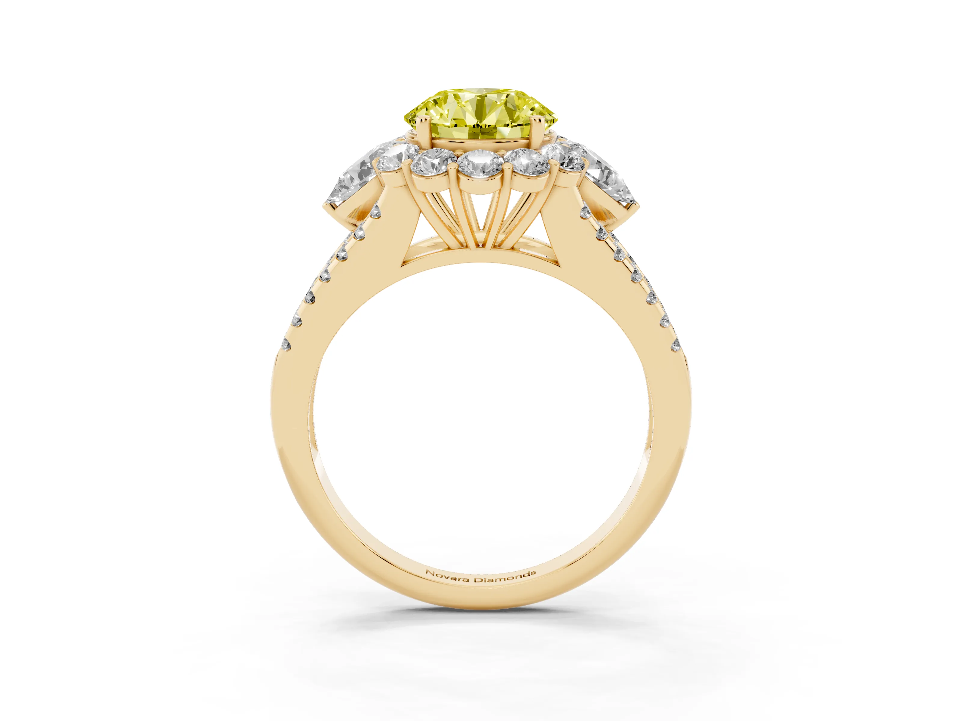 Fancy Yellow Round Cut Diamond Halo Split Shank Engagement Ring Set in Yellow gold with Prong-Held Center Stone
