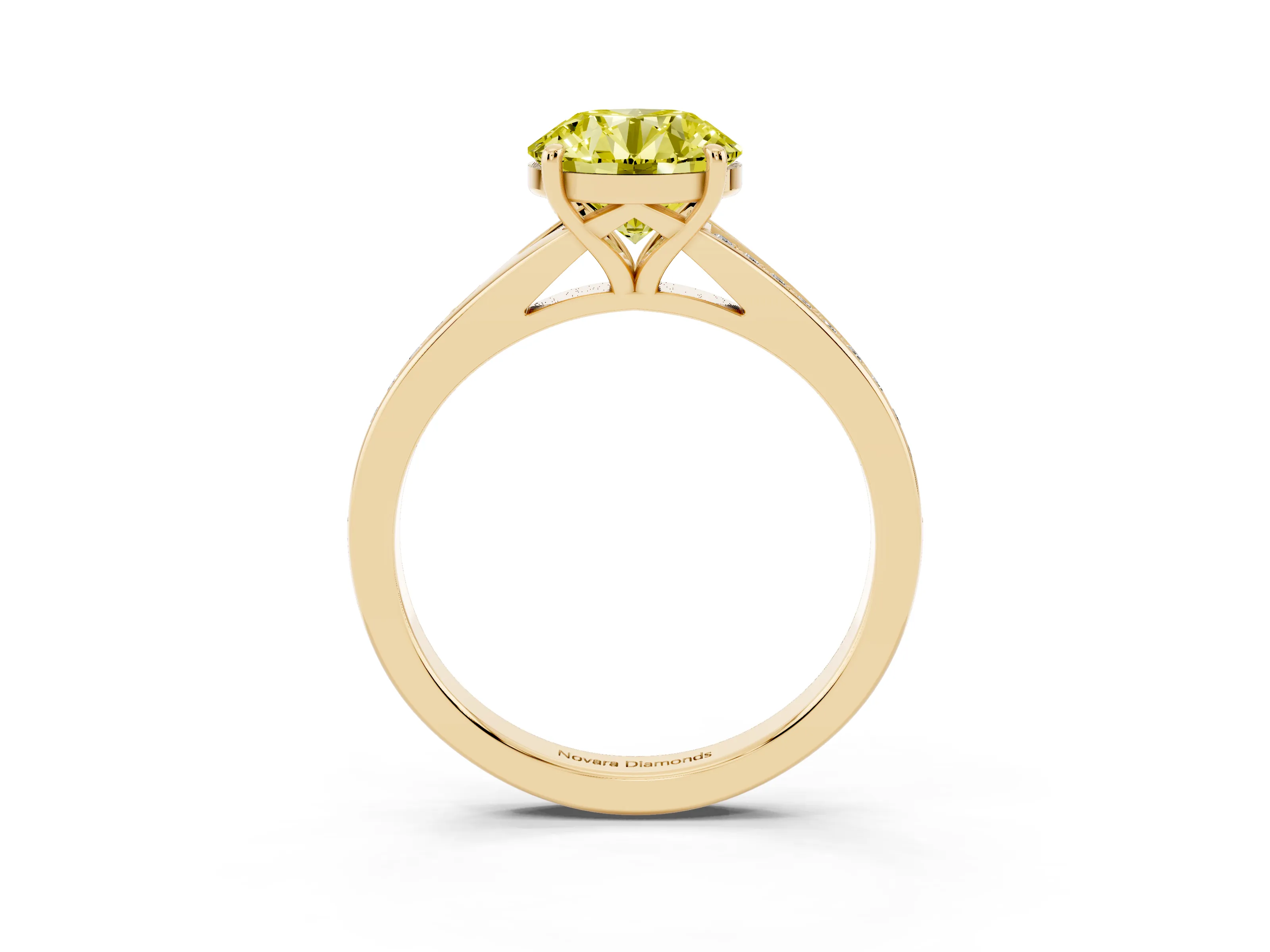Fancy Yellow Round Cut Diamond Solitaire Ring Set in Yellow gold with Pavé Accent Band and Classic Prong Setting