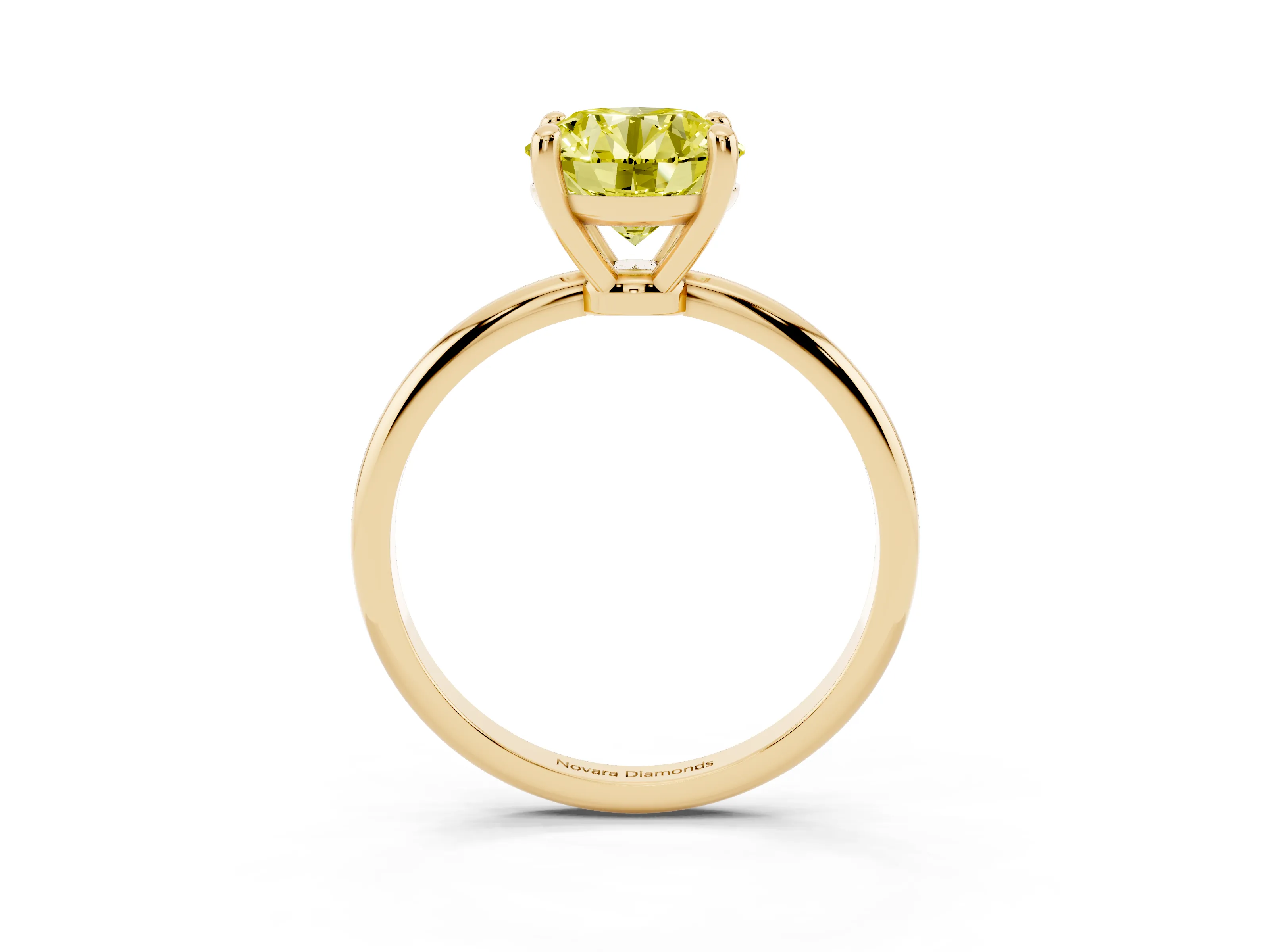 Fancy Yellow Round Cut Diamond Solitaire Ring Set in Yellow gold with Secure Prong Setting on a Classic Band