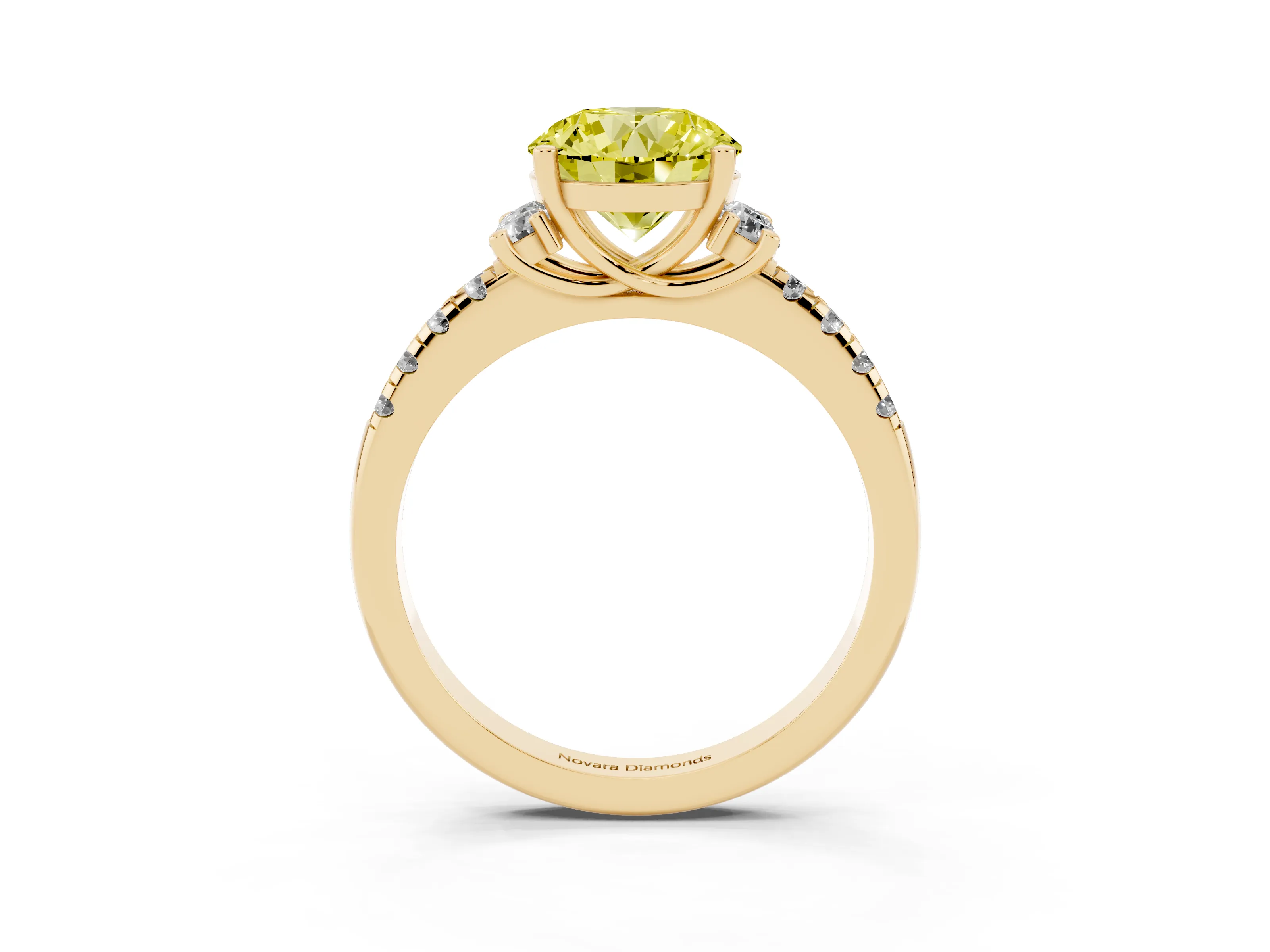 Fancy Yellow Round Cut Diamond Three-Stone Pavé Ring Set in Yellow gold with Prong Setting