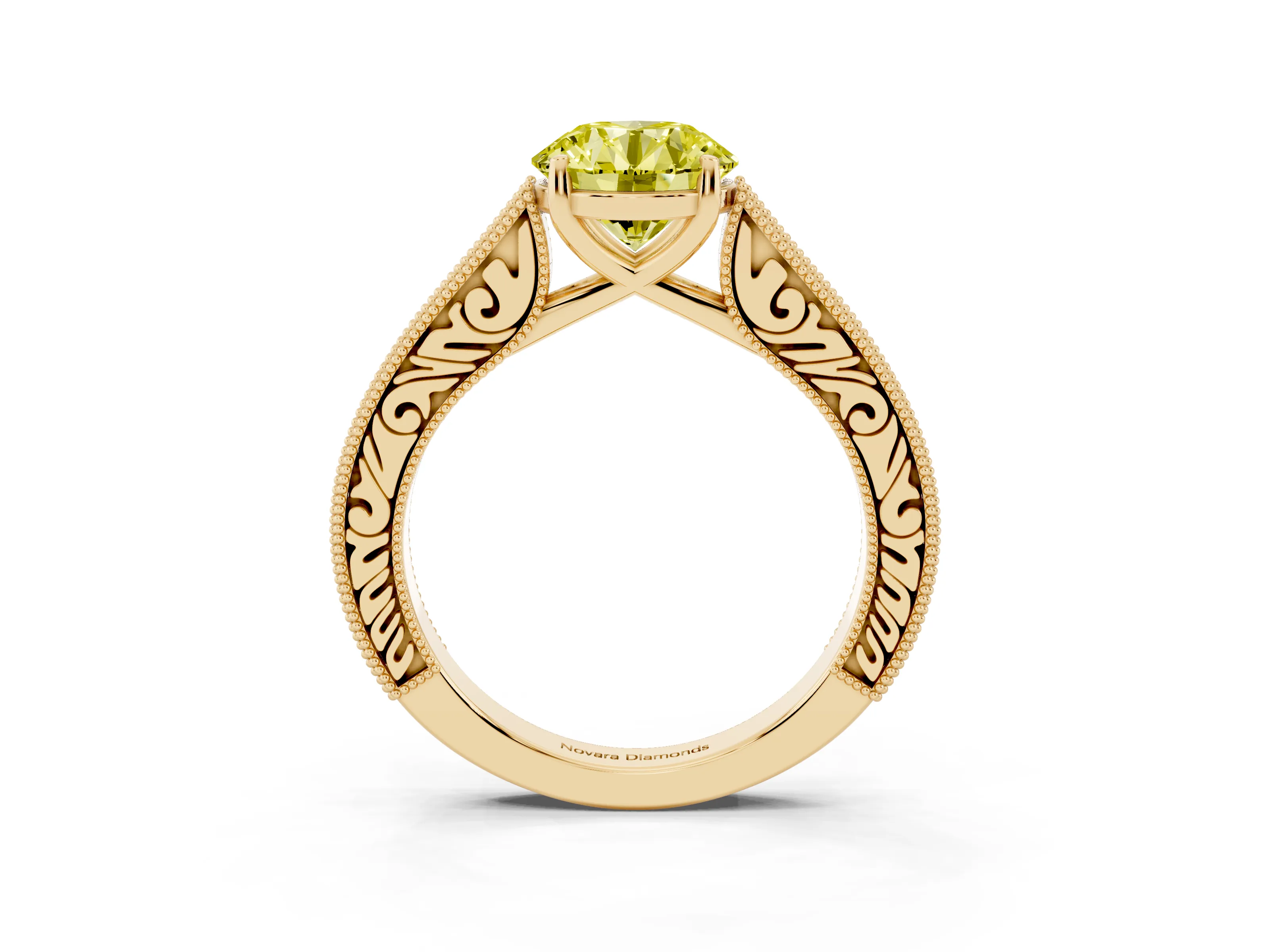 Fancy Yellow Round Cut Diamond Milgrain Pavé Band Solitaire Ring Set in Yellow gold with Prong Setting