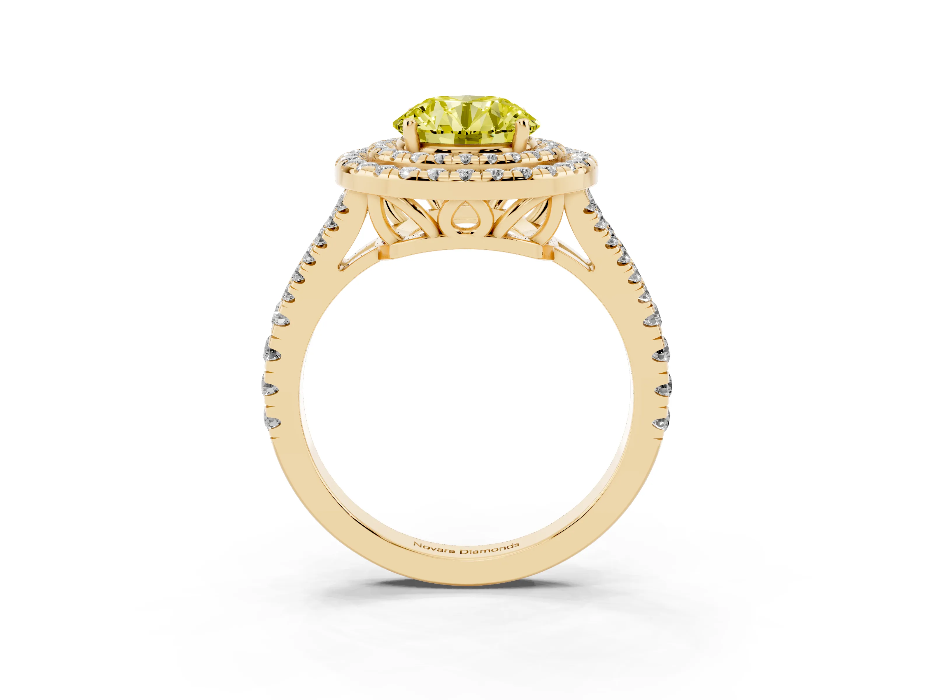 Fancy Yellow Round Cut Diamond Double Halo Ring Set in Yellow gold with Pavé Band