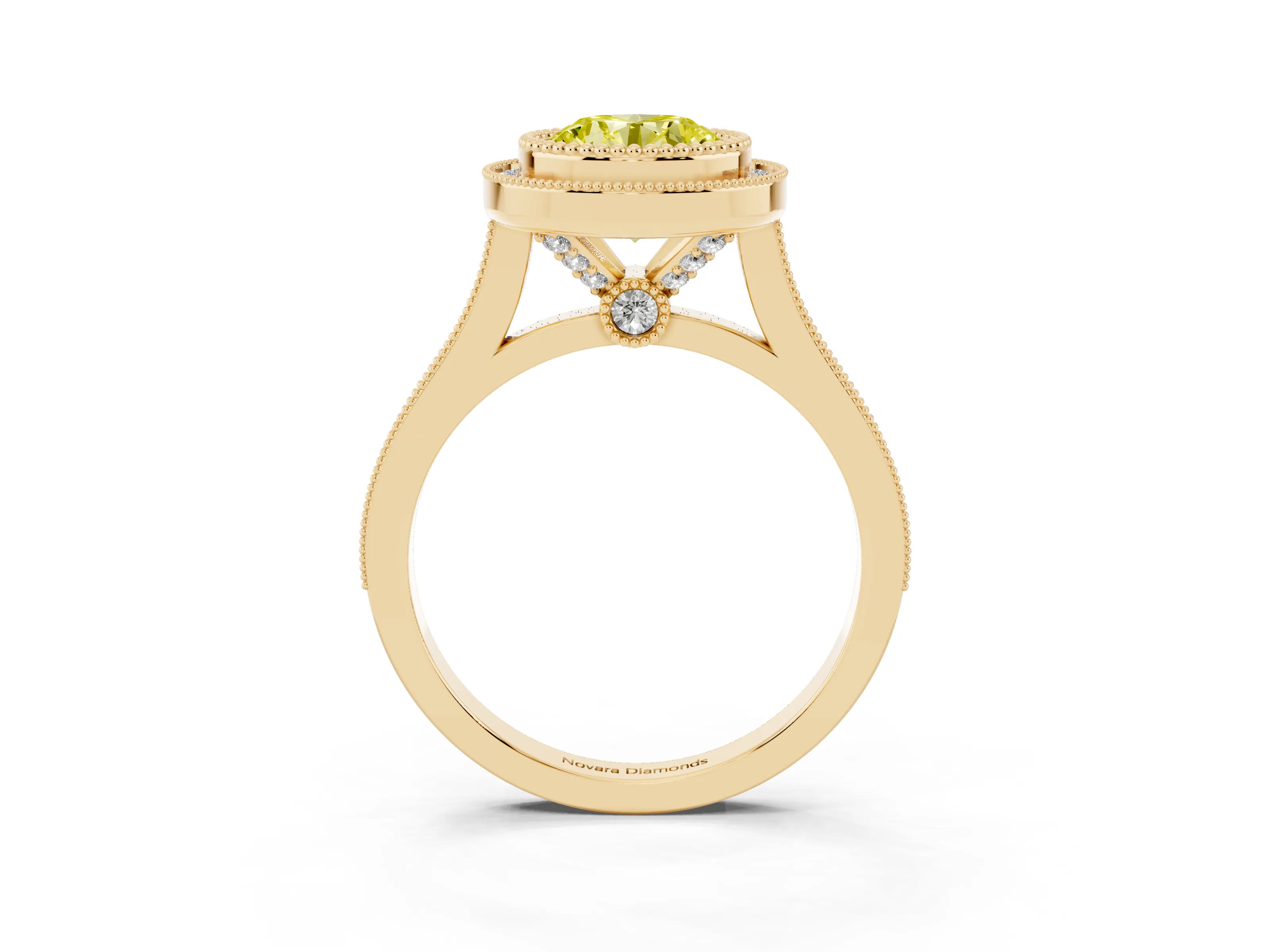 Fancy Yellow Round Cut Diamond Halo Ring Set in Yellow gold with Milgrain Frame and Pavé Band