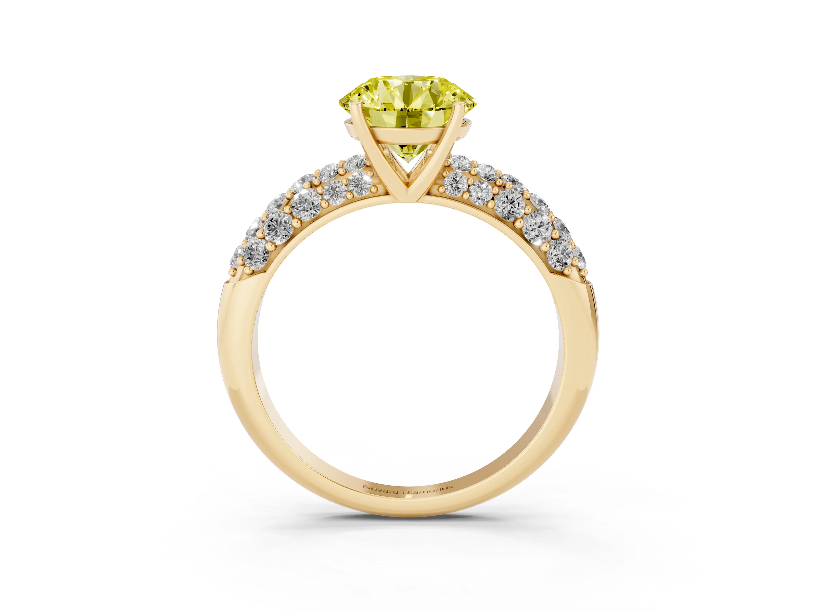 Fancy Yellow Round Cut Diamond Pavé Band Solitaire Ring Set in Yellow gold with Close-Set Accent Stones and Prong Setting