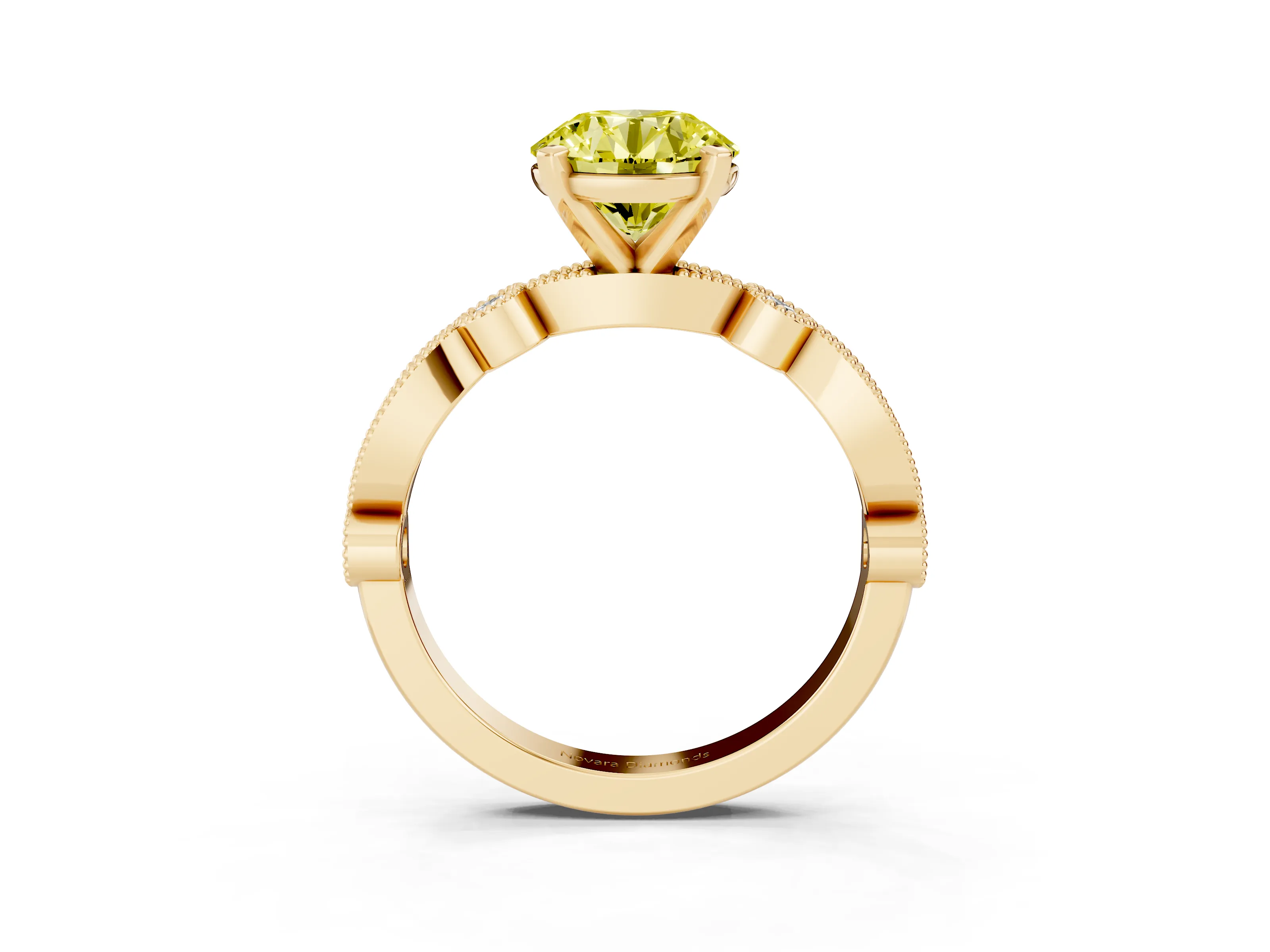 Fancy Yellow Round Cut Diamond Solitaire Engagement Ring Set in Yellow gold with Milgrain Bezel Accent Band
