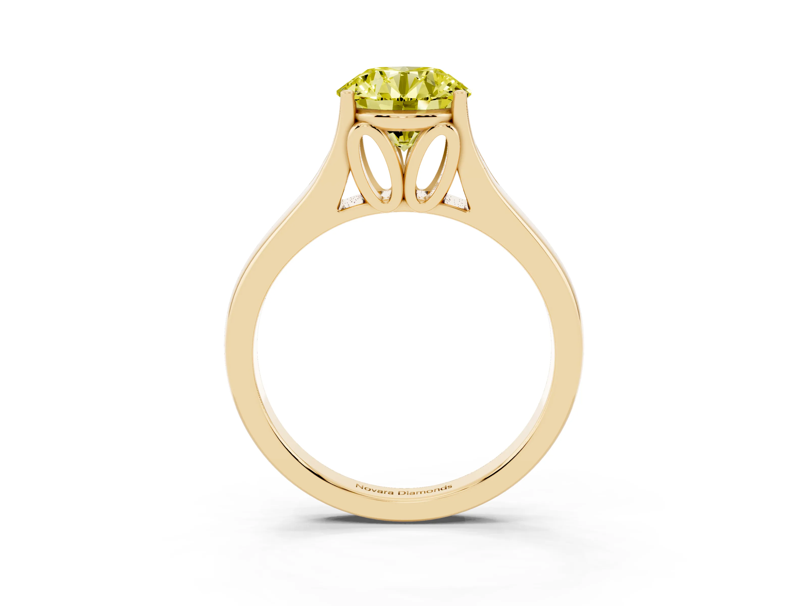 Fancy Yellow Round Cut Diamond Solitaire Ring Set in Yellow gold with Arched Cathedral Band and Prong Setting
