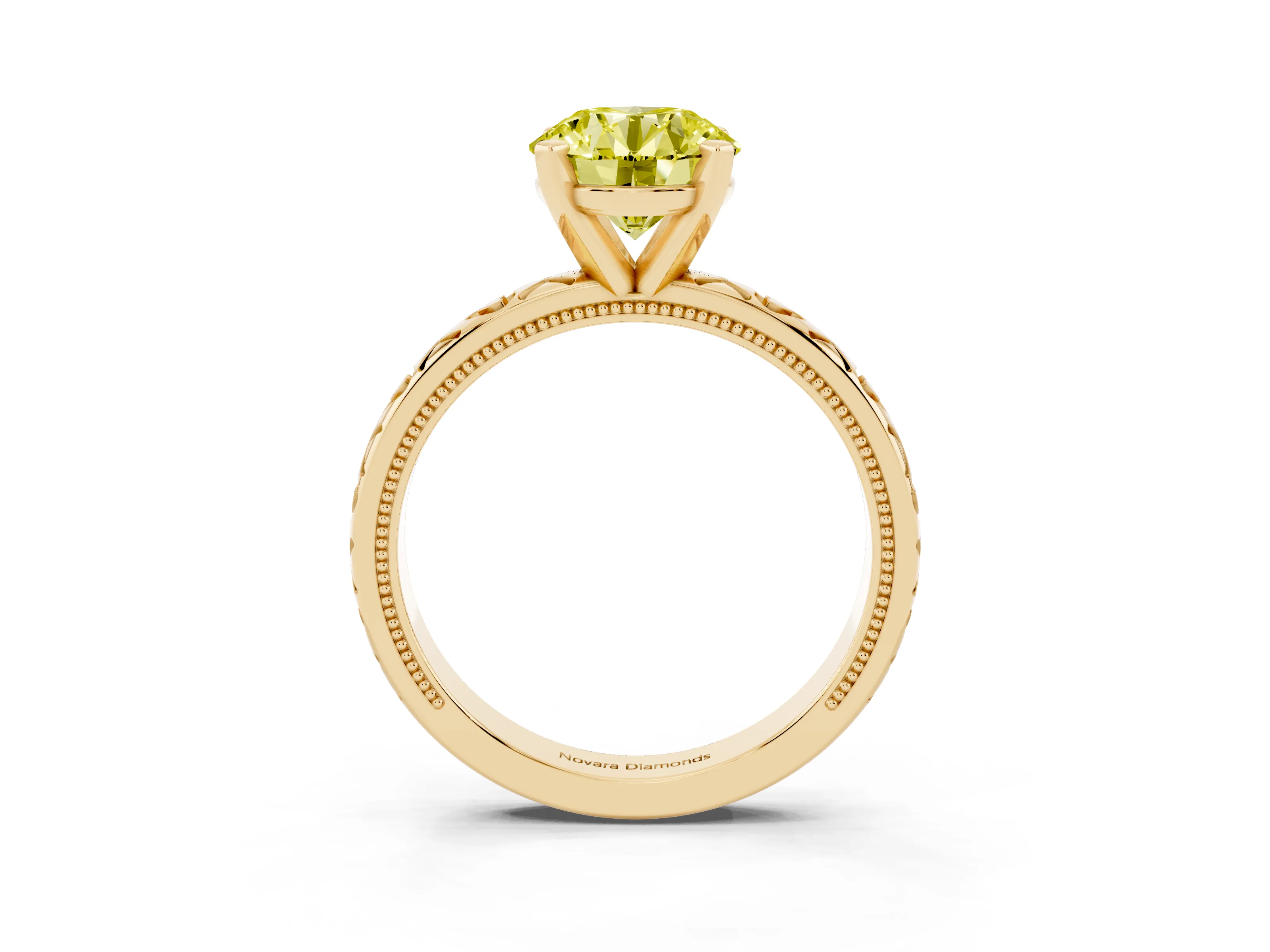 Fancy Yellow Round Cut Diamond Solitaire Engagement Ring Set in Yellow gold with XO Engraved Band and Prong Setting