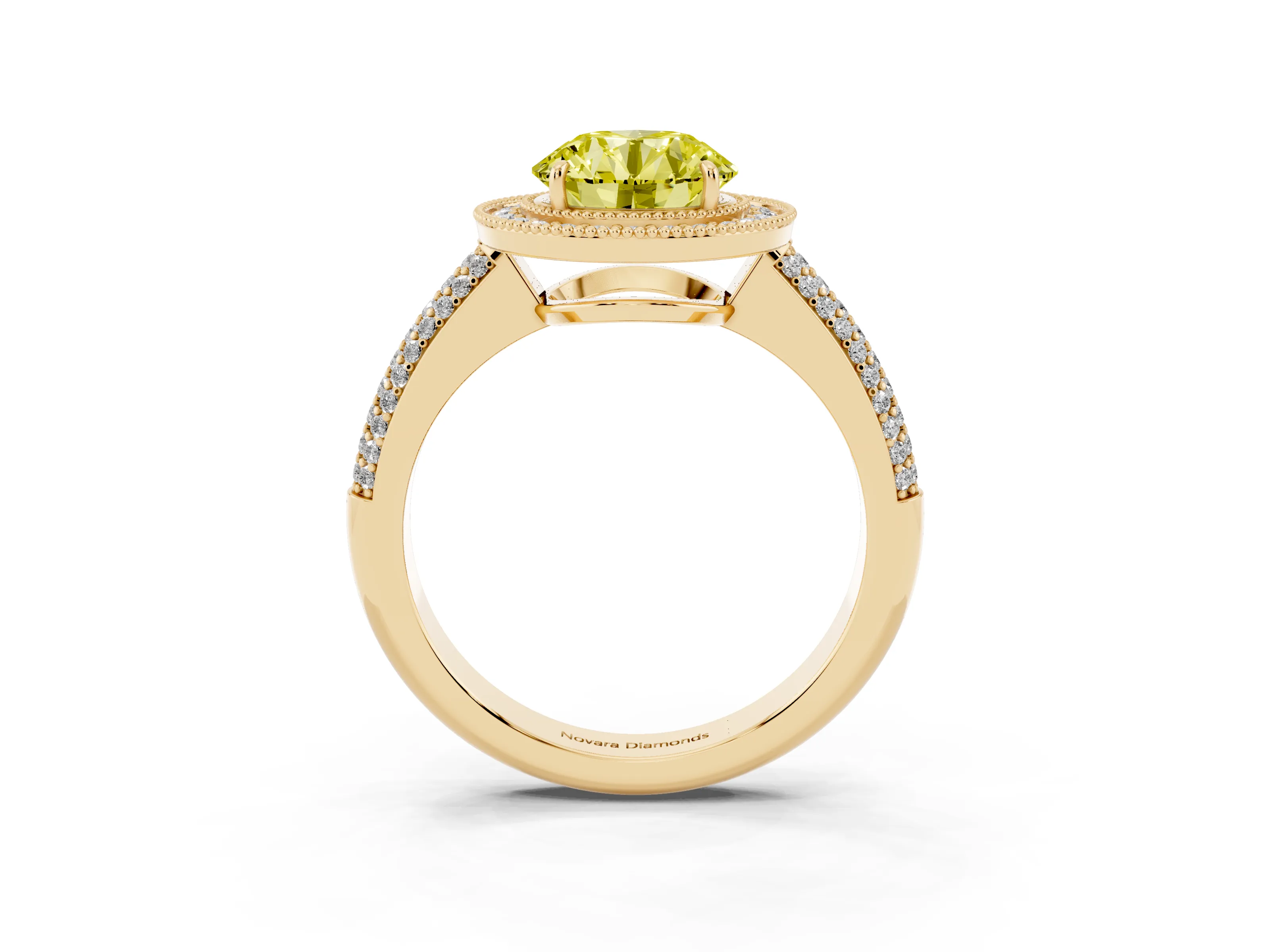 Fancy Yellow Round Cut Diamond Halo Pavé Band Set in Yellow gold with Prong Setting