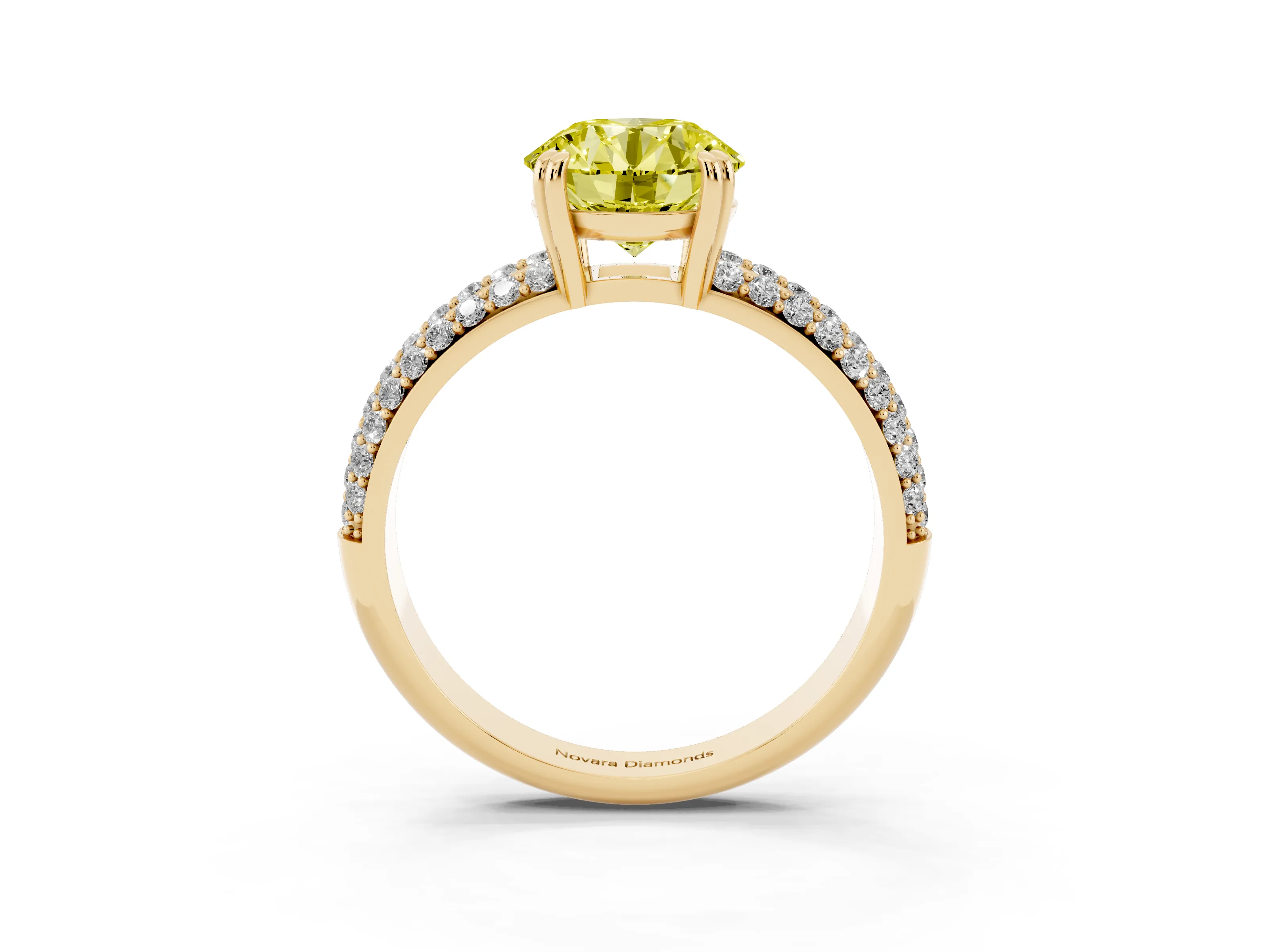 Fancy Yellow Round Cut Diamond Solitaire Ring Set in Yellow gold with Multi-Row Round Pavé Band and Prong Setting