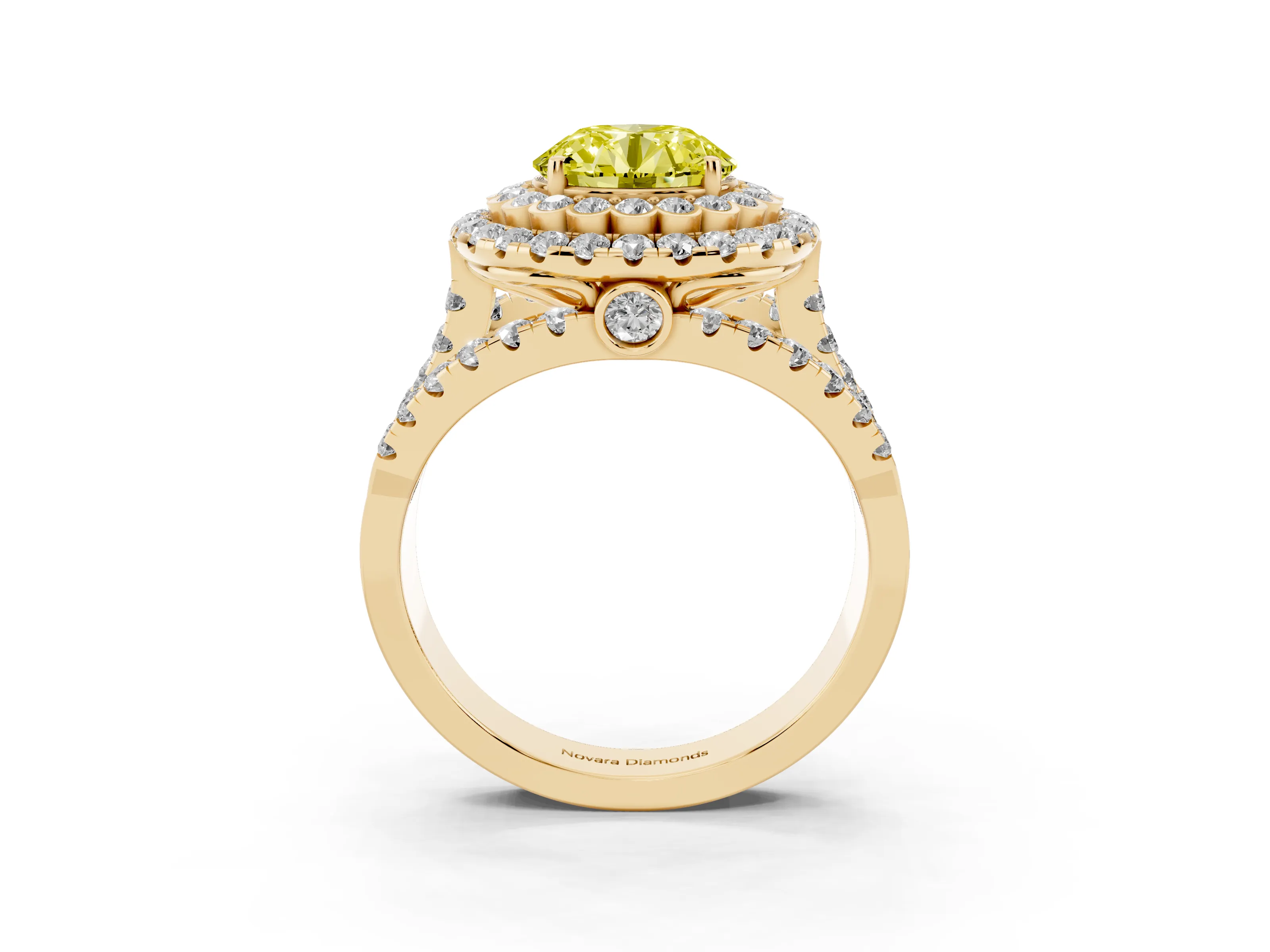 Fancy Yellow Round Cut Diamond Double Halo Ring Set in Yellow gold with Round Pavé Split Shank