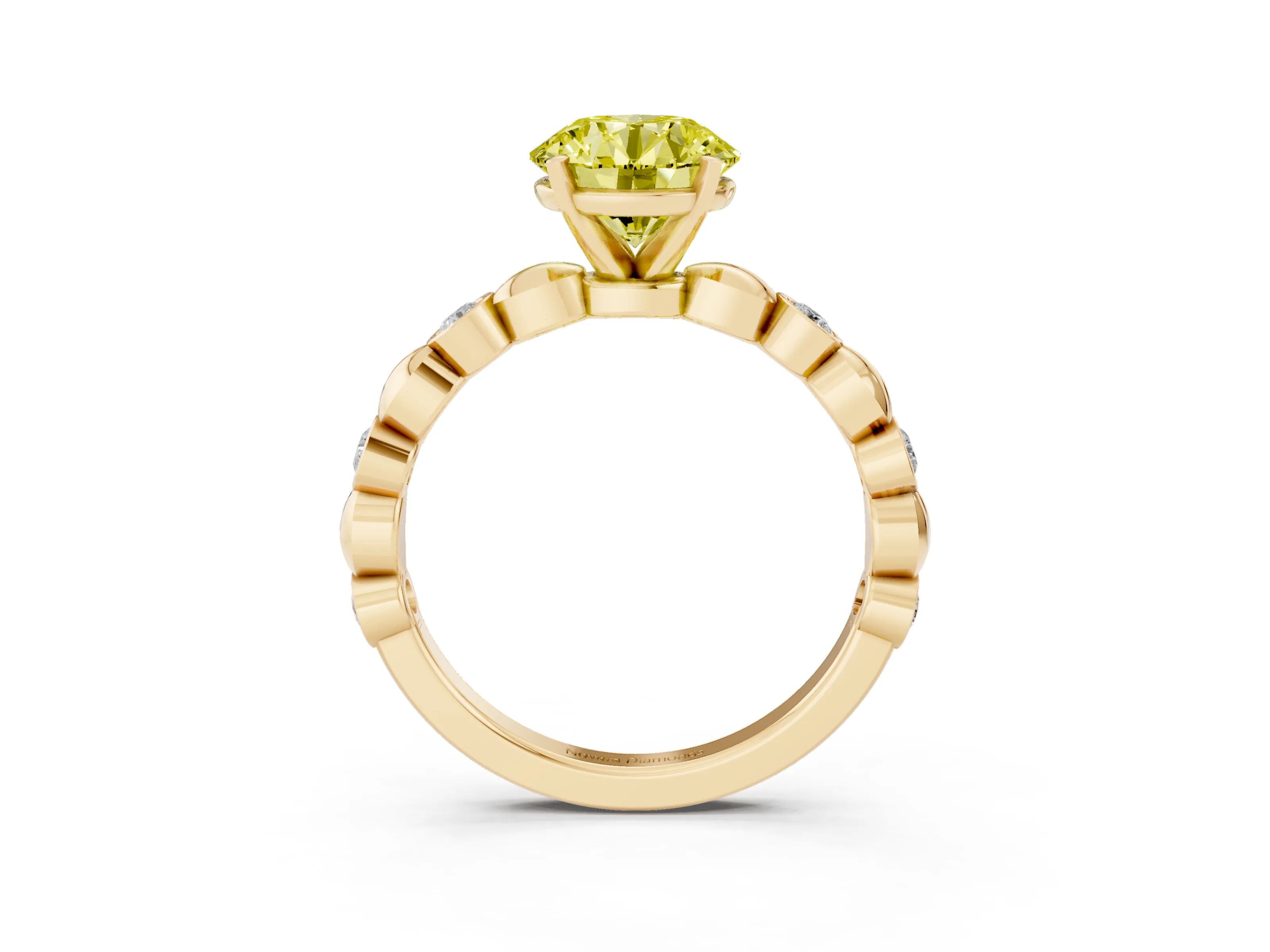 Fancy Yellow Round Cut Diamond Solitaire Ring Set in Yellow gold with Bezel-Set Accents on Beaded Band and Prong Setting
