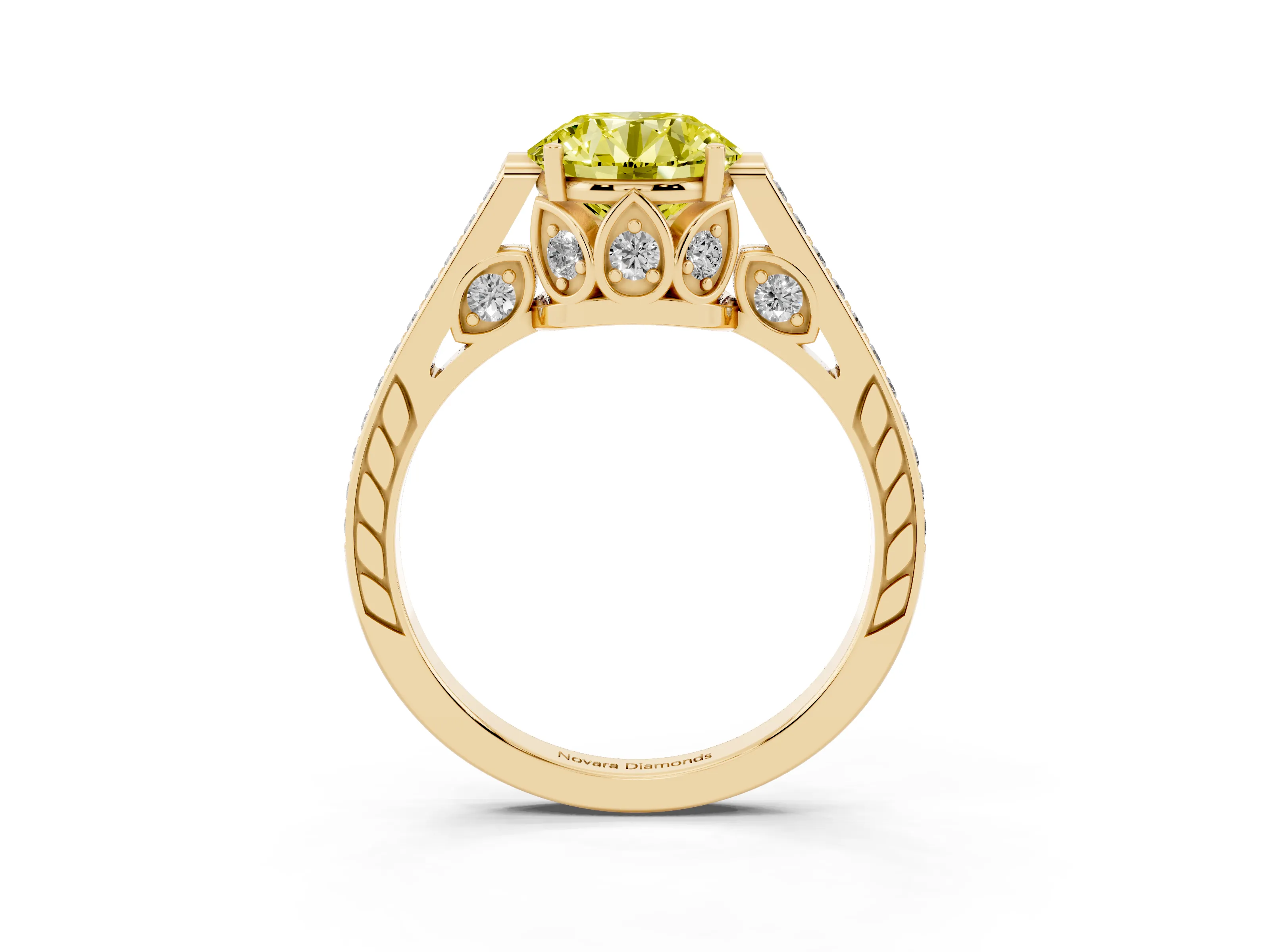 Fancy Yellow Round Cut Diamond Cathedral Pavé Engagement Ring Set in Yellow gold with Prong Setting