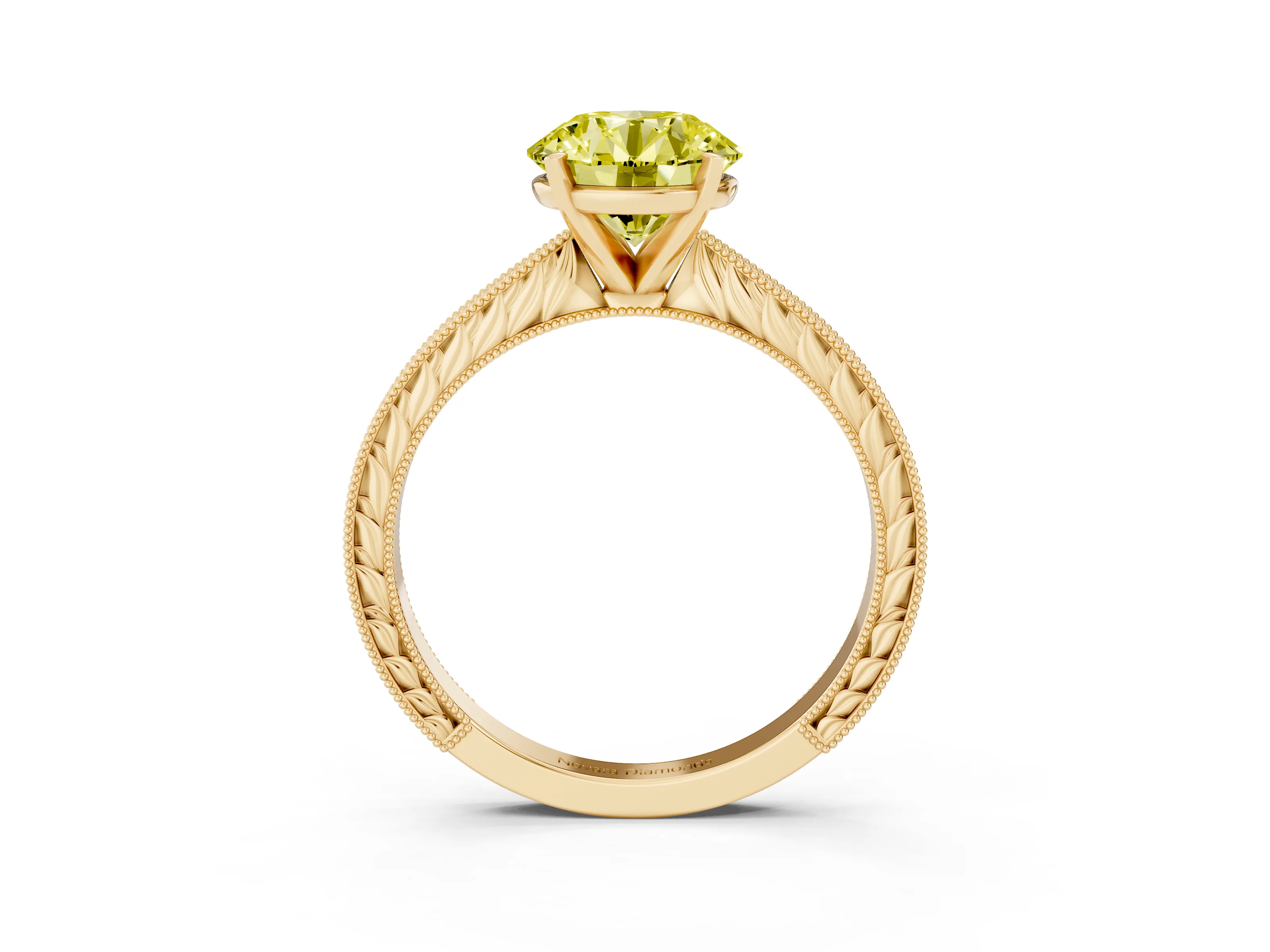 Fancy Yellow Round Cut Diamond Solitaire Milgrain Engraved Band Set in Yellow gold with Prong Setting