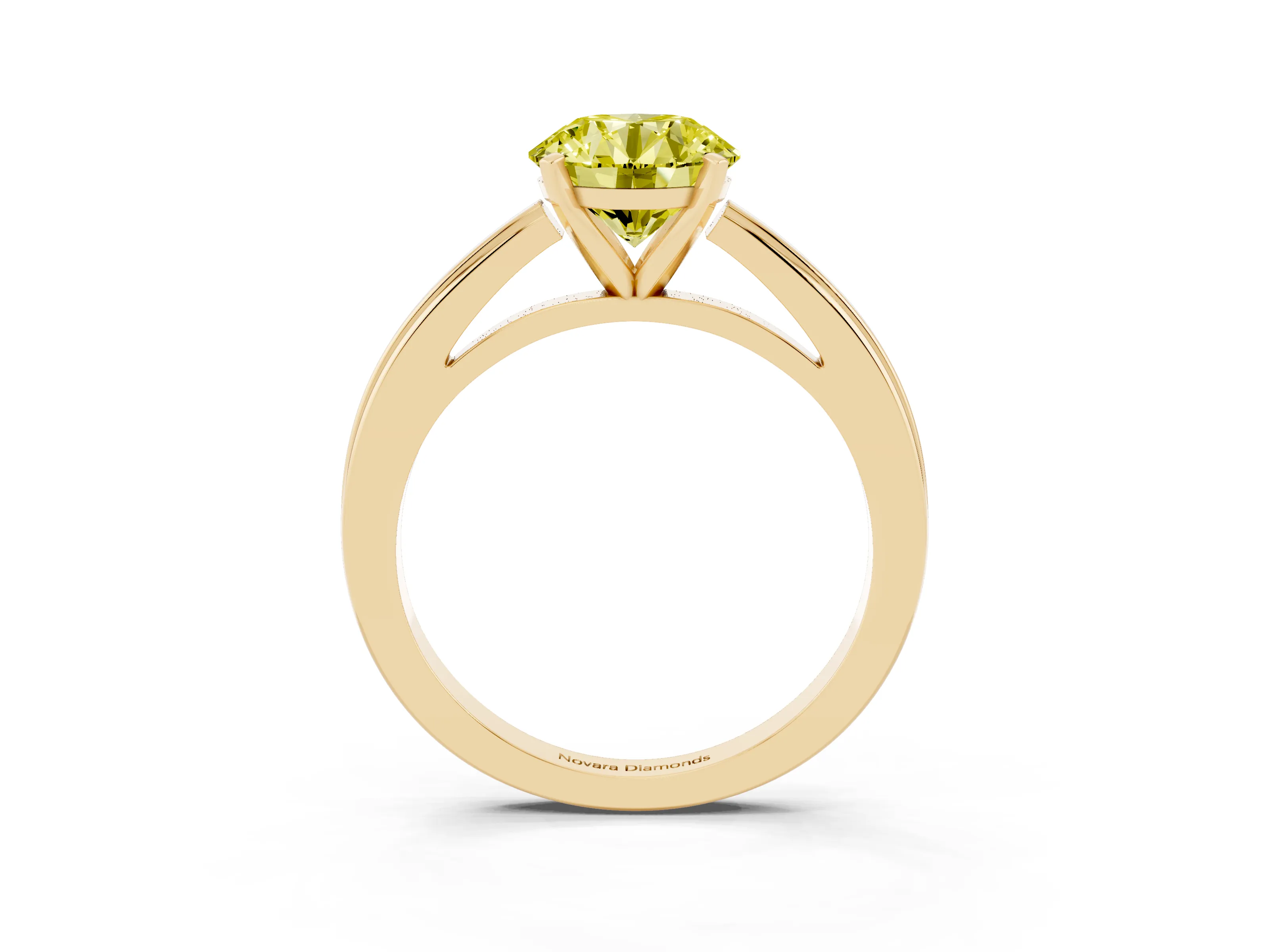 Fancy Yellow Round Cut Diamond Solitaire Ring Set in Yellow gold with Prong Setting and Classic Band
