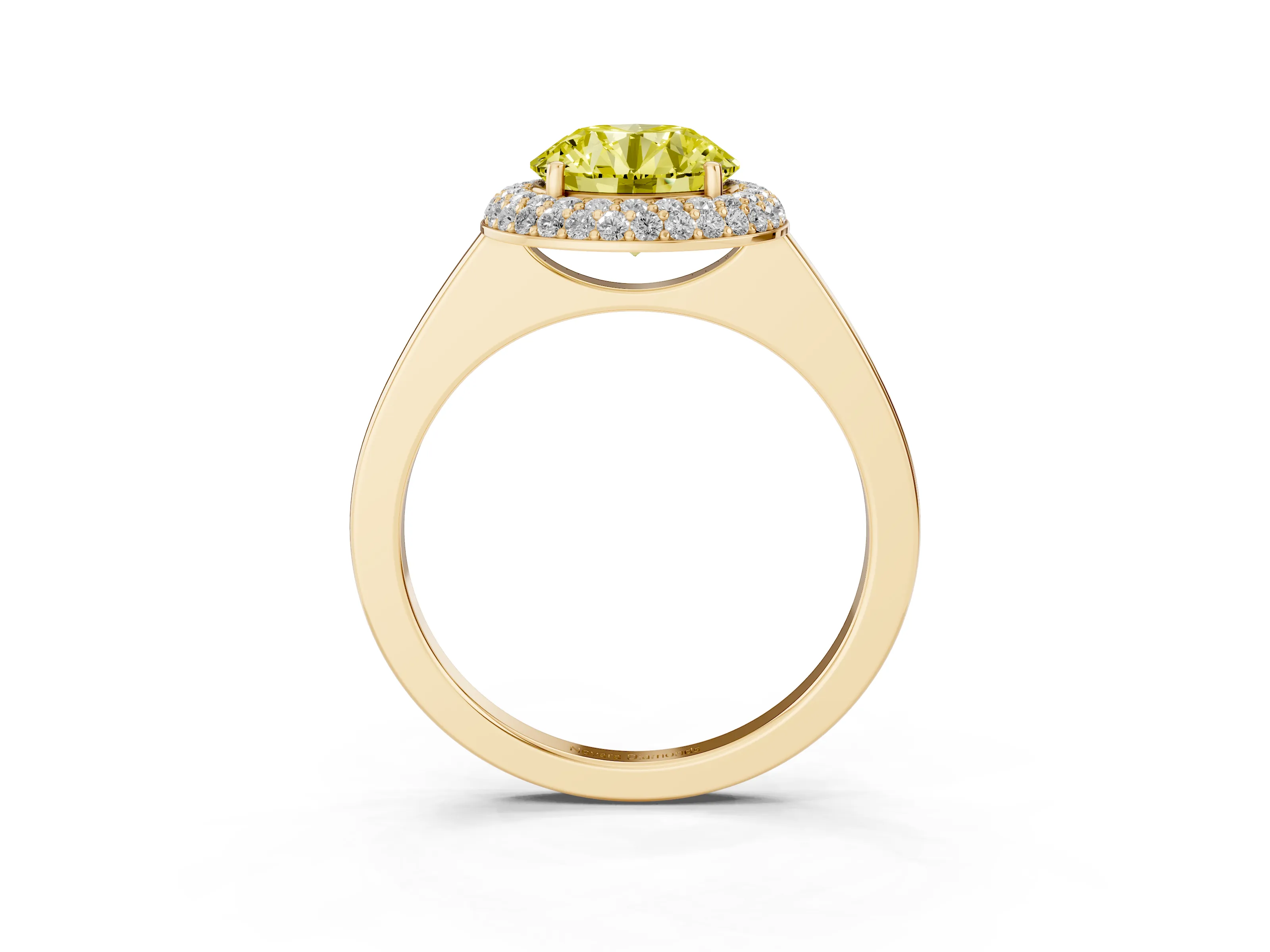 Fancy Yellow Round Cut Diamond Halo Engagement Ring Set in Yellow gold with Solitaire Band and Prong Setting