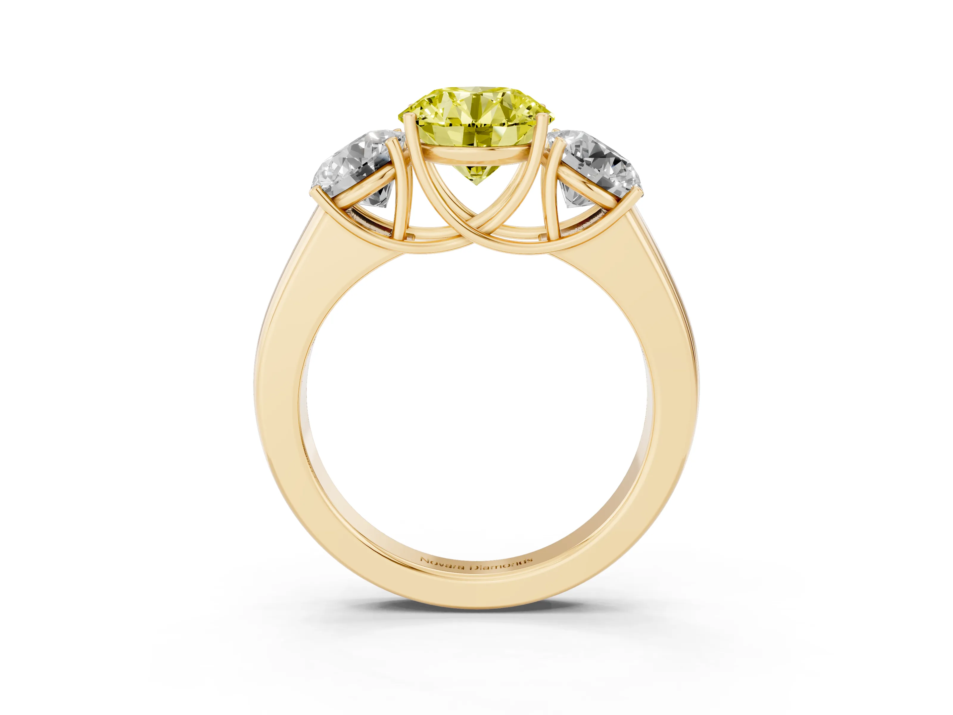 Fancy Yellow Three-Stone Round Cut Diamond Ring Set in Yellow gold with Matching Prong Settings and Plain Band