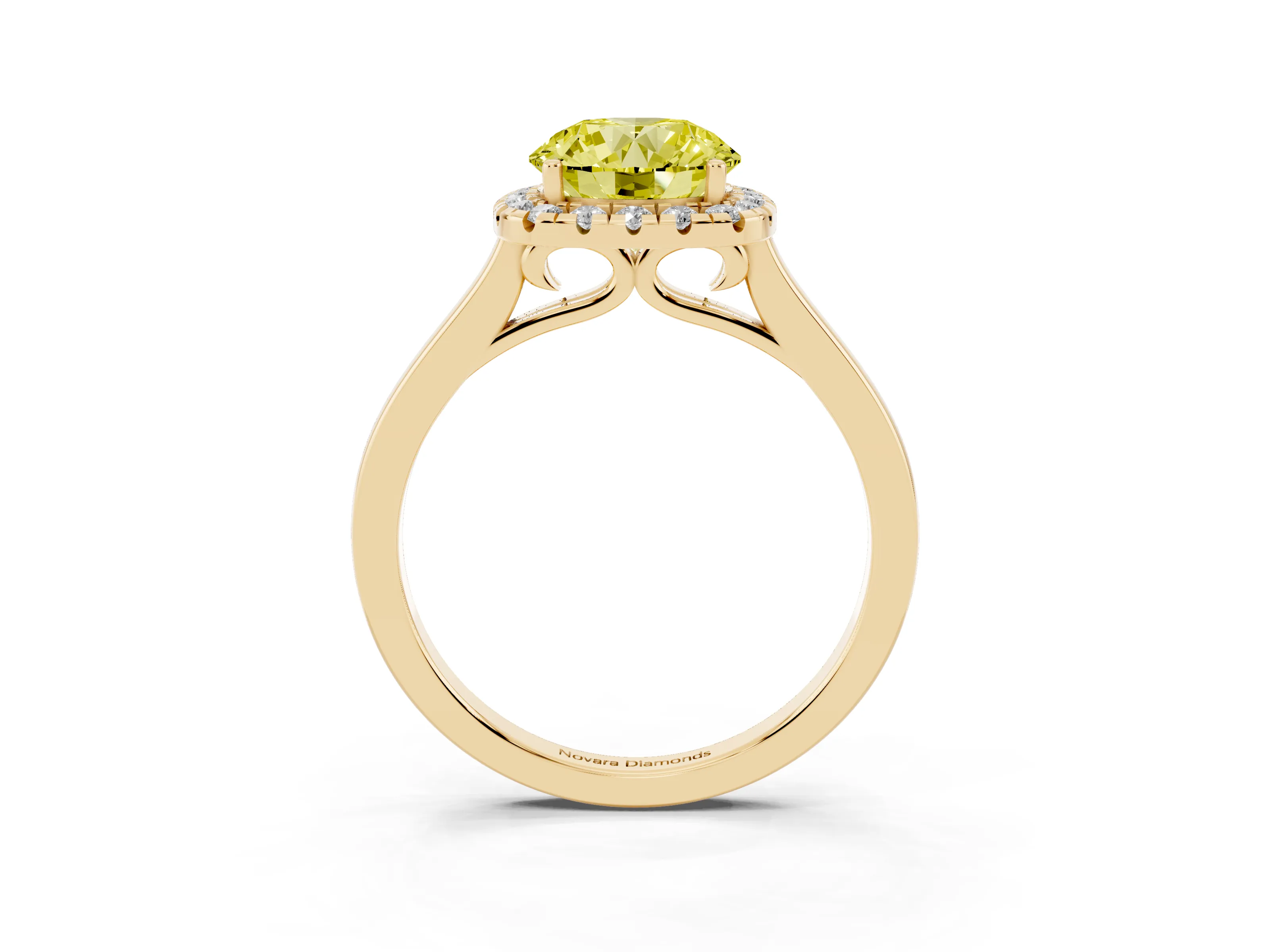 Fancy Yellow Round Cut Halo Round Diamond Solitaire Ring Set in Yellow gold with Pavé Band and Prong Setting